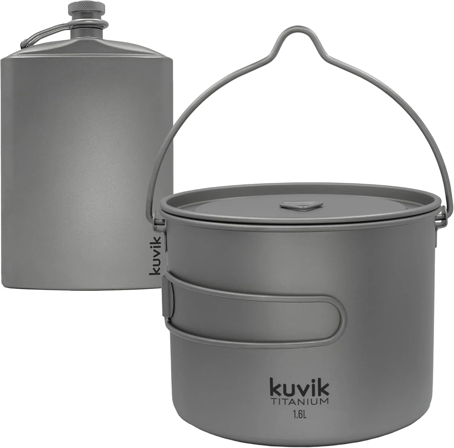 Kuvik 260ml (8.8 oz) Titanium Flask & 1600ml (54 oz) Titanium Pot with Bail Handle Bundle