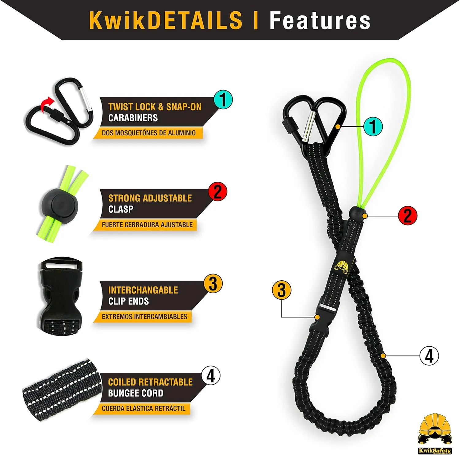 KwikSafety - Charlotte, NC - Octopus [3 Pack] Heavy Duty Tool Lanyard w/Twist Lock & Clip Carabiners Coiled Retractable Bungee Interchangeable Buckle Straps Adjustable Clip Locks