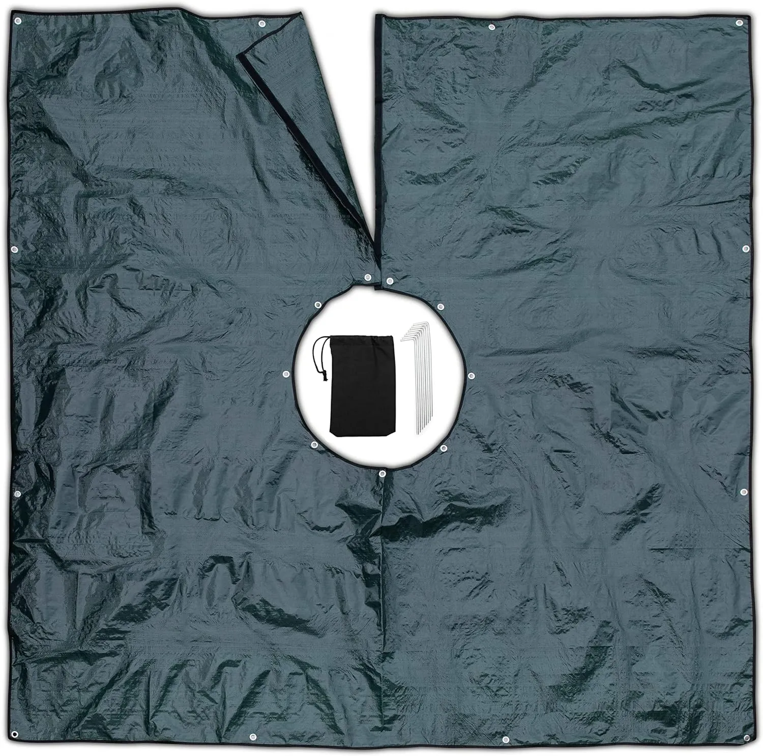 Landscape Tarp 8x8ft - 22" Center Hole to Fasten Around Trees and Shrubs - Complete with Garden Stakes