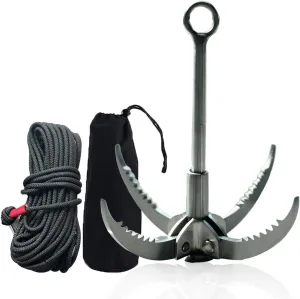 Large Grappling Hook, Folding 4-Claw Grapple Hooks with 65ft Rope Stainless Steel Claw Carabiner for Outdoor Camping Hiking Tree Rock Rescue Vehicle Traction
