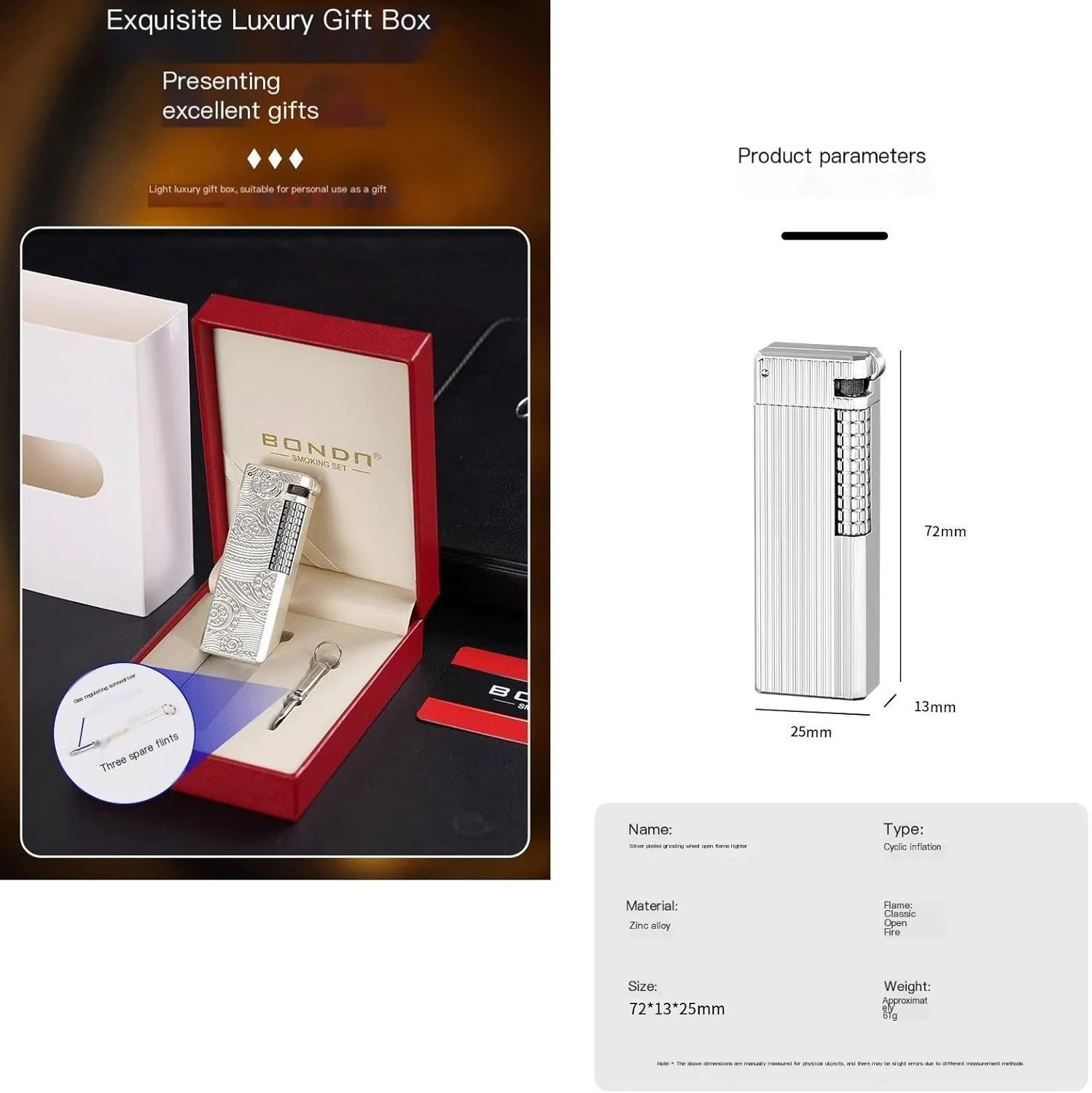 Lighter Soft Flame Lighters Butane Refillable Gas Lighter ，with Adjustable Flame Accessories and Match Flints Gift for Collection/Cigarette/Cigar/Candle ，Box Packaging 【No Gas】(Color:Silver vertica