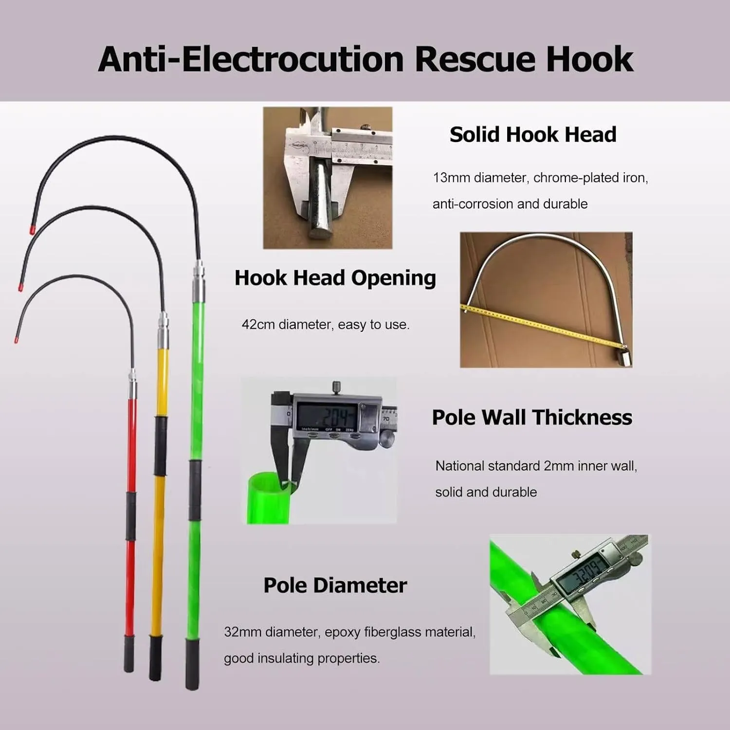 Lightweight High Voltage Insulated Rescue Pole, Rescue Hook Life-Saving Pull Rod, Anti Electric Shock Rescue Pole,Safety and Defense Tools for Emergency Care,Yellow-2m/6.5ft/78.7in