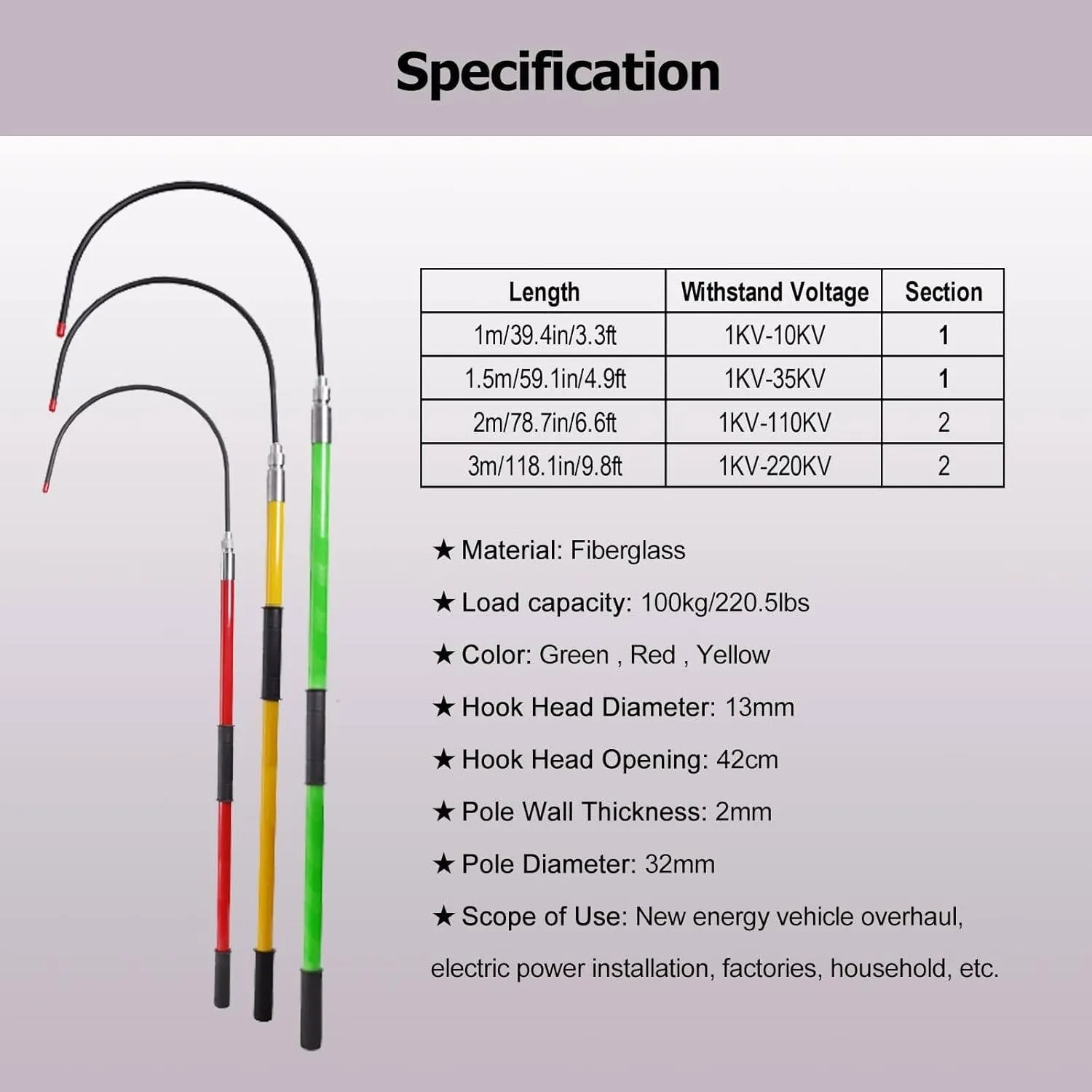 Lightweight High Voltage Insulated Rescue Pole, Rescue Hook Life-Saving Pull Rod, Anti Electric Shock Rescue Pole,Safety and Defense Tools for Emergency Care,Yellow-2m/6.5ft/78.7in