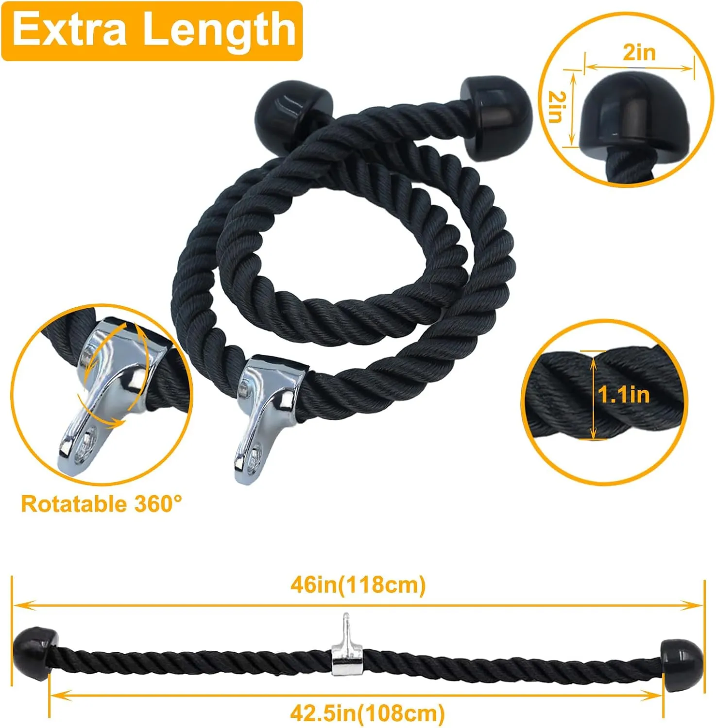 Long Tricep Rope for Home Gym Pulley System,46"/54" Rope Pull Down Attachment, Tricep Rope Cable Attachment, Tricep Pull Down Rope for Public Gym