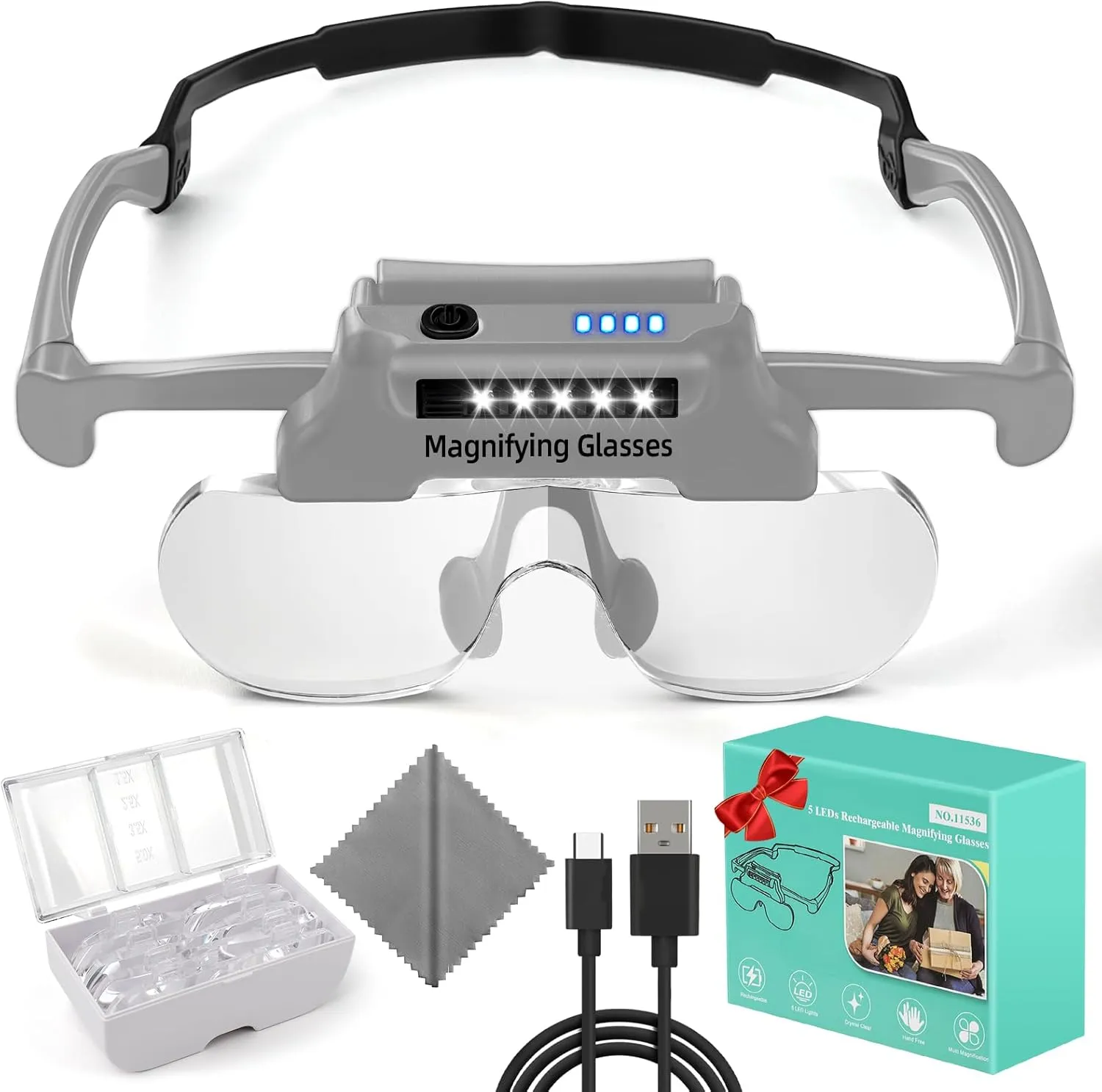 Magnifying Glass with Lights, Hands Free Magnifying Glasses with 5 LEDs, 1.5X to 5X Detachable Lenses Magnifier Glasse for Close Work Jeweler's Loupe, Sewing, Craft