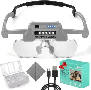 Magnifying Glass with Lights, Hands Free Magnifying Glasses with 5 LEDs, 1.5X to 5X Detachable Lenses Magnifier Glasse for Close Work Jeweler's Loupe, Sewing, Craft