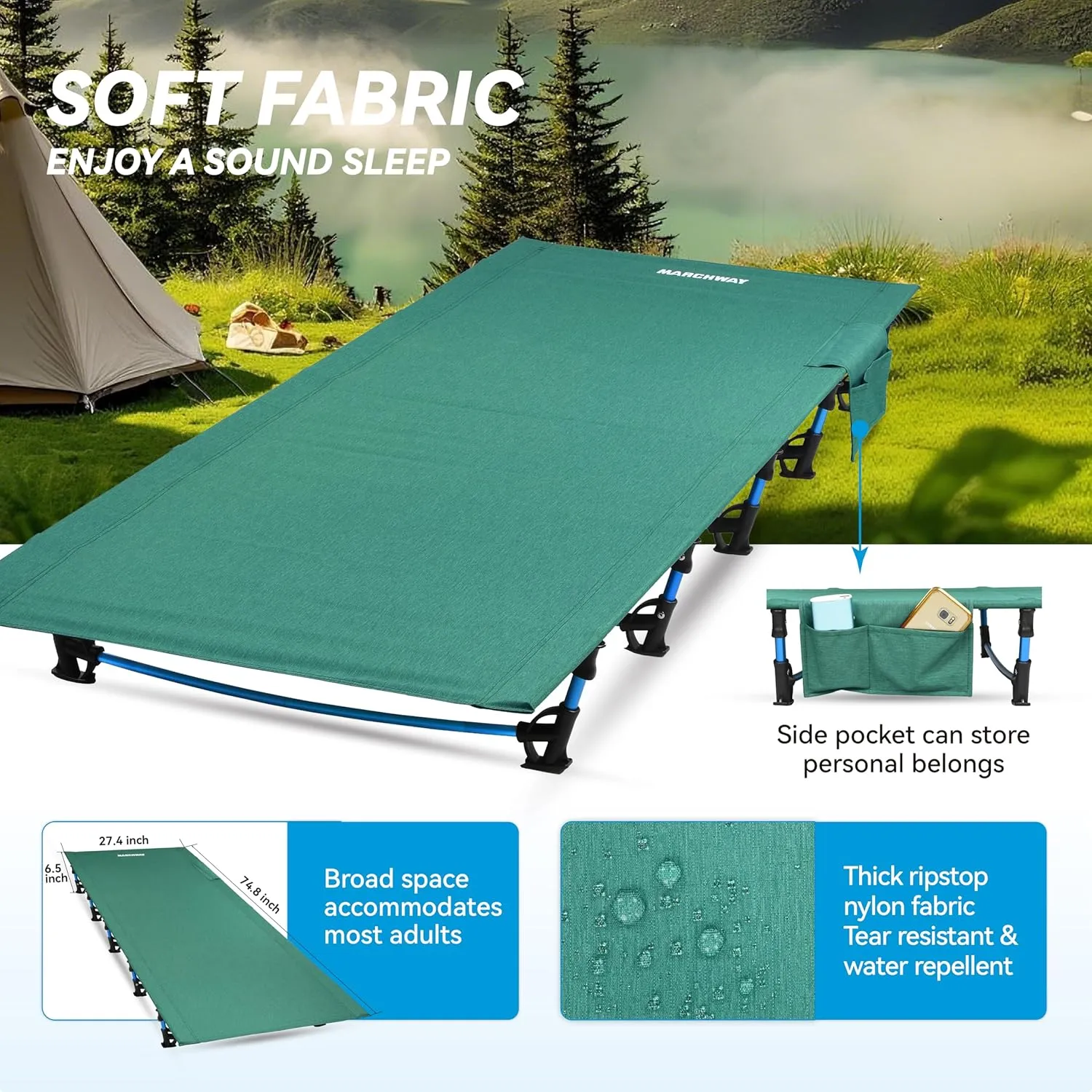 MARCHWAY Ultralight Folding Tent Camping Cot Bed, Portable Compact for Outdoor Travel, Base Camp, Hiking, Mountaineering, Lightweight Backpacking (Green)