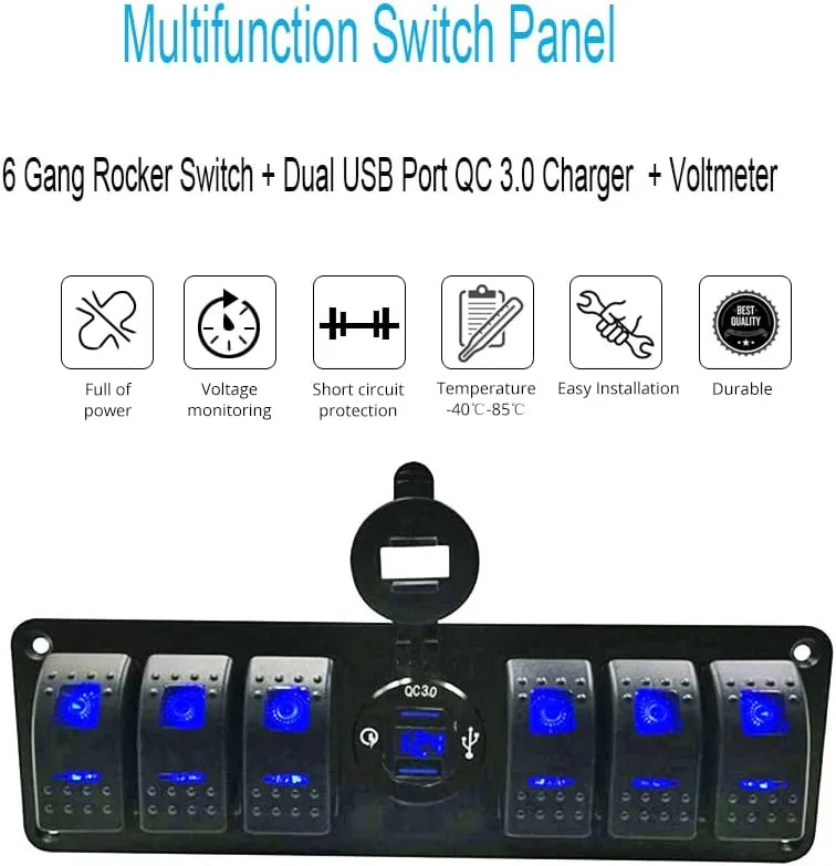 Marine Switch Panel with Quick Charger Dual USB Charger Voltmeter Waterproof 12V-24V DC Rocker Switch, Boat Switch Panel with Night Glow Stickers for RV Boats Cars Trucks