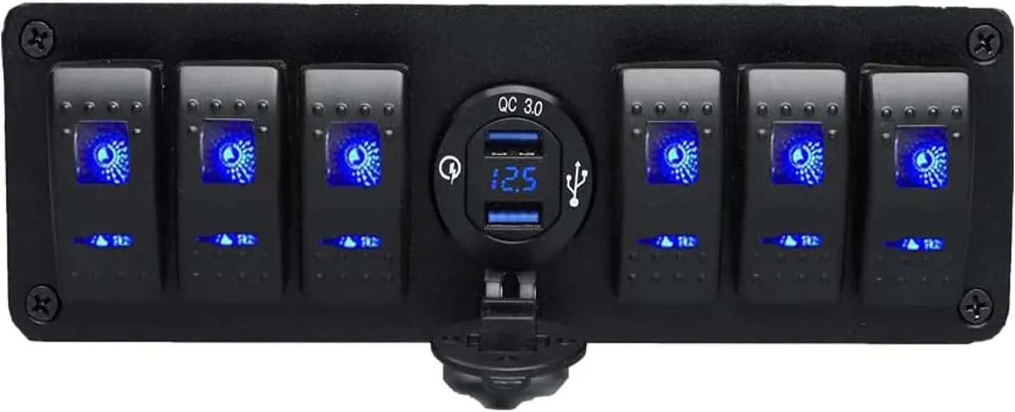 Marine Switch Panel with Quick Charger Dual USB Charger Voltmeter Waterproof 12V-24V DC Rocker Switch, Boat Switch Panel with Night Glow Stickers for RV Boats Cars Trucks