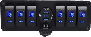 Marine Switch Panel with Quick Charger Dual USB Charger Voltmeter Waterproof 12V-24V DC Rocker Switch, Boat Switch Panel with Night Glow Stickers for RV Boats Cars Trucks