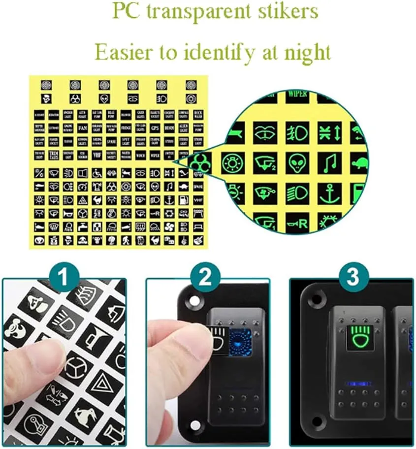 Marine Switch Panel with Quick Charger Dual USB Charger Voltmeter Waterproof 12V-24V DC Rocker Switch, Boat Switch Panel with Night Glow Stickers for RV Boats Cars Trucks