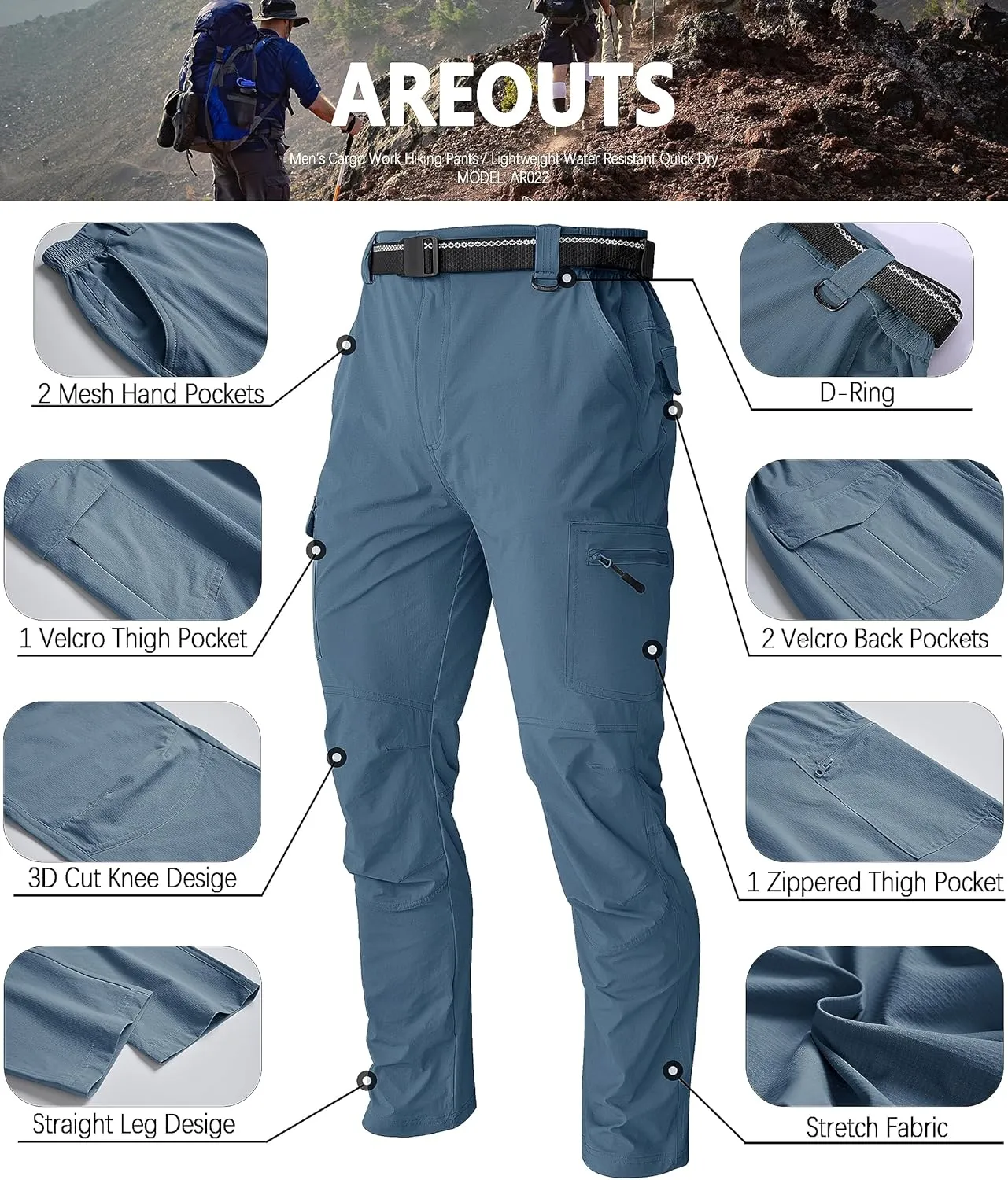 Men's Cargo Work Hiking Pants Lightweight Water Resistant Quick Dry Fishing Travel Camping Outdoor Breathable Multi Pockets