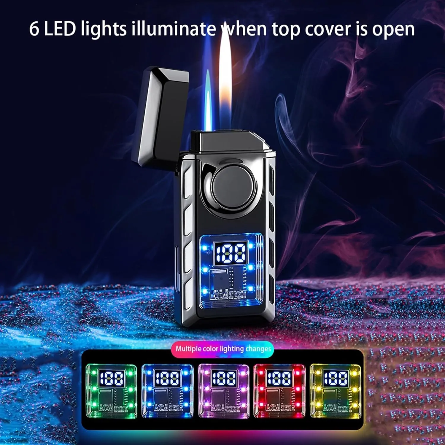 Metal Smart Double Flame Lighter, Windproof Lighter, Inflatable Butane Lighter, Visible Transparent Movement, Portable Lighter, Suitable for Candle Camping Outdoor Gifts(Gold)