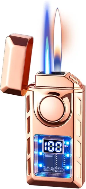 Metal Smart Double Flame Lighter, Windproof Lighter, Inflatable Butane Lighter, Visible Transparent Movement, Portable Lighter, Suitable for Candle Camping Outdoor Gifts(Gold)