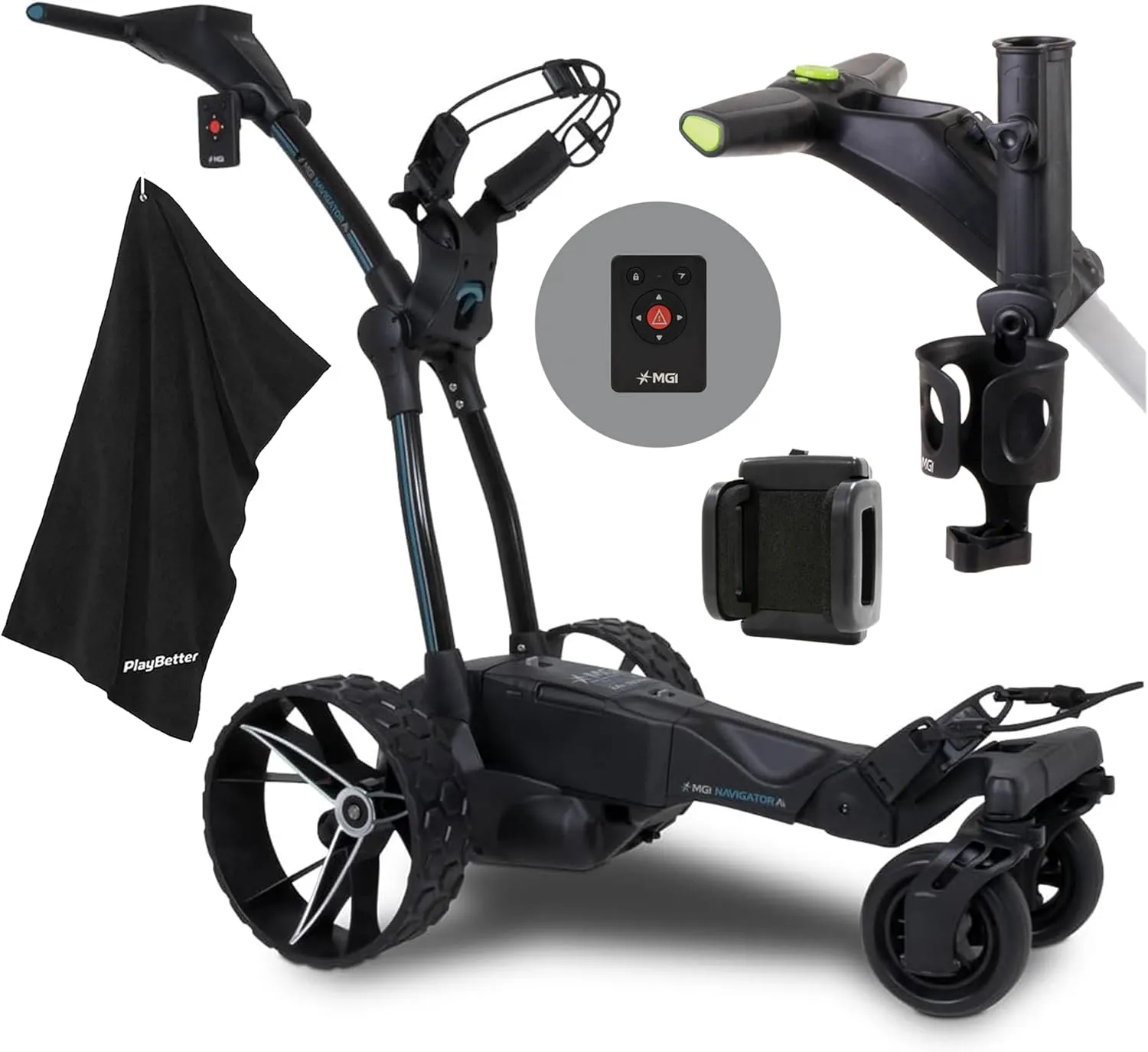 MGI Navigator Ai GPS  Electric Golf Cart | 36 Hole Lithium Battery with Remote Control | Bundle with PlayBetter Extra Large Towel, Drink Holder, Umbrella, & GPS Phone Holder, Black