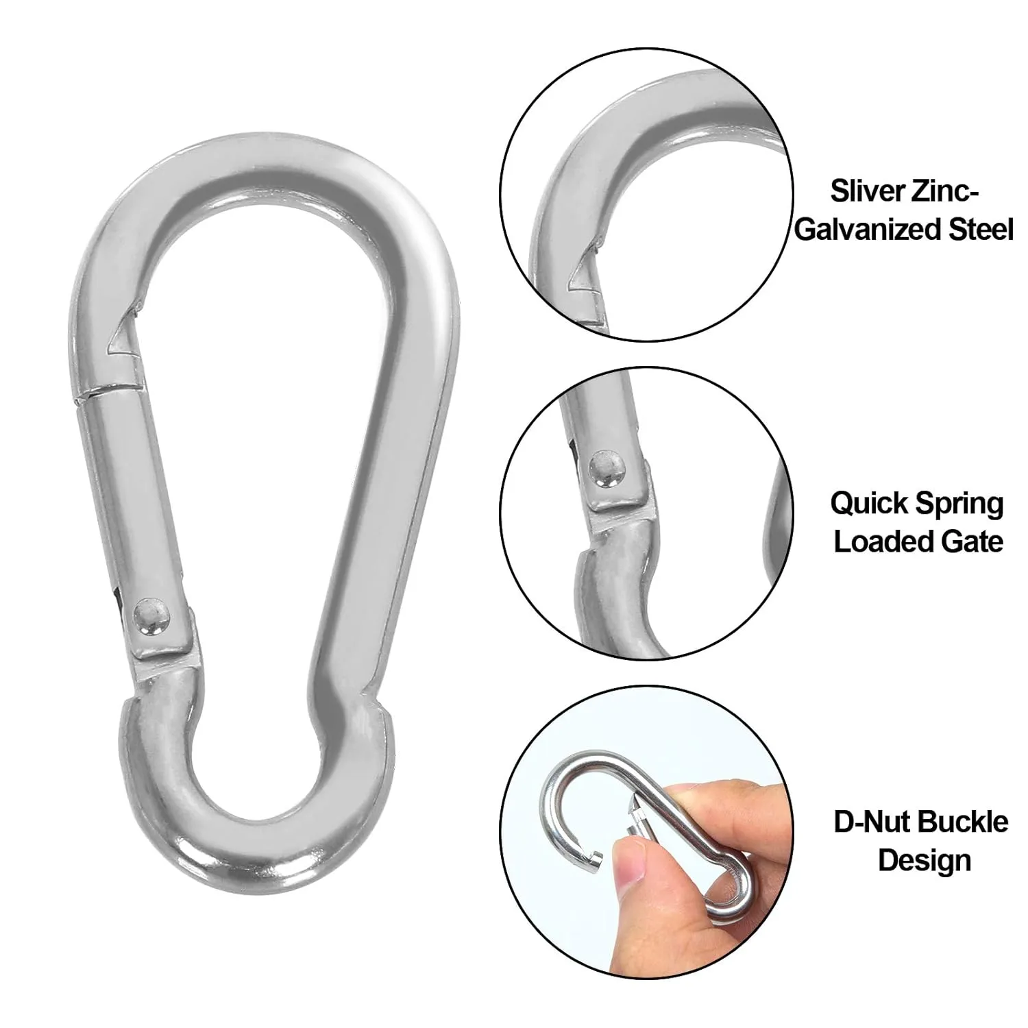 MIVIDE 50 PCS Stainless Steel Spring Snap Carabiner, Round, Silver, 2 Inch, Auto-locking, Camping, Hiking, Fishing, Boating, Dog Leash, Keychain
