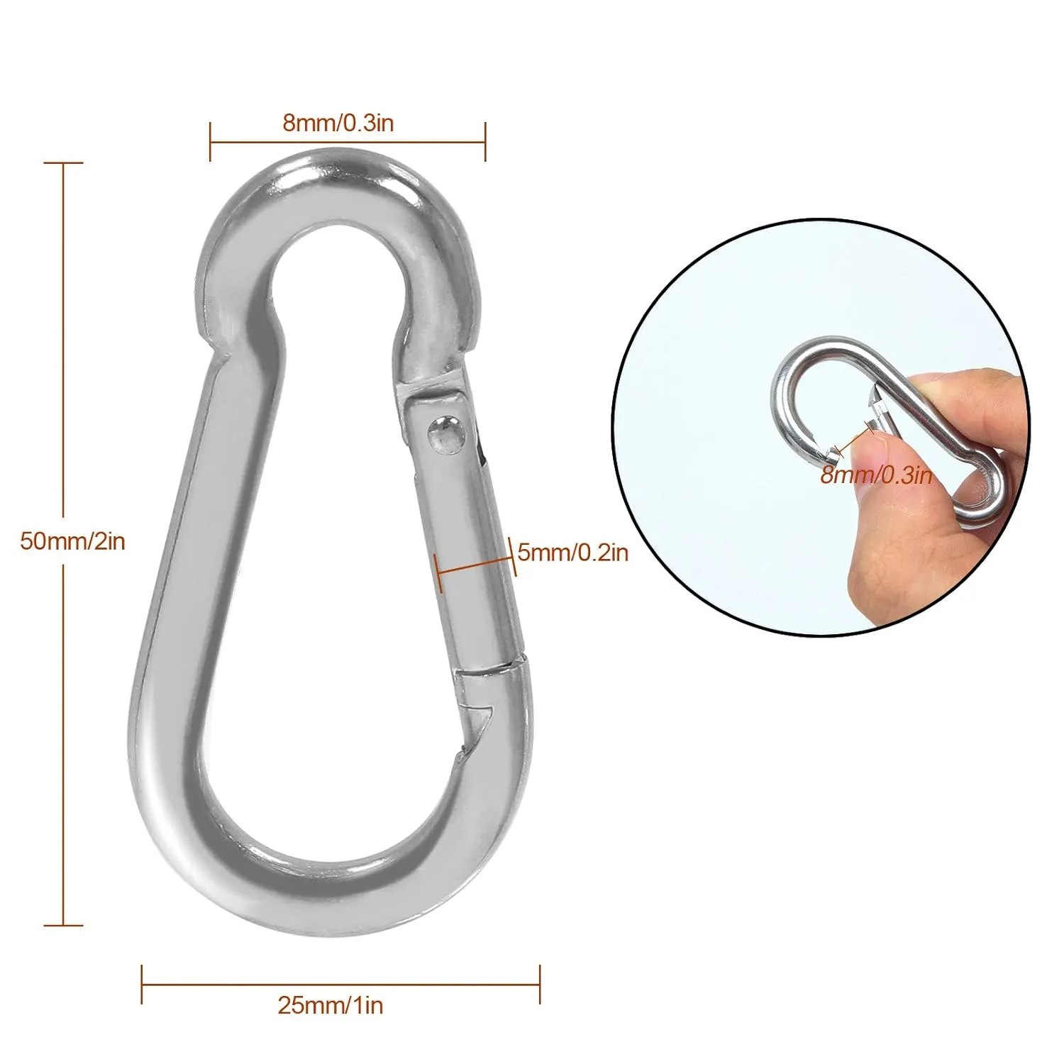 MIVIDE 50 PCS Stainless Steel Spring Snap Carabiner, Round, Silver, 2 Inch, Auto-locking, Camping, Hiking, Fishing, Boating, Dog Leash, Keychain