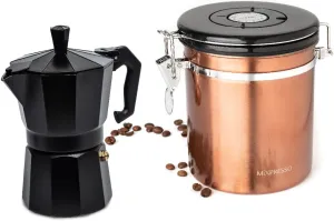 Mixpresso Bronze Stainless Steel Airtight Coffee Container with Date Tracker For Coffee & Tea, Coffee Jar 16 Ounces Bundle With Aluminum Moka Stove Coffee Maker, Black Espresso Maker Stovetop, Excelle