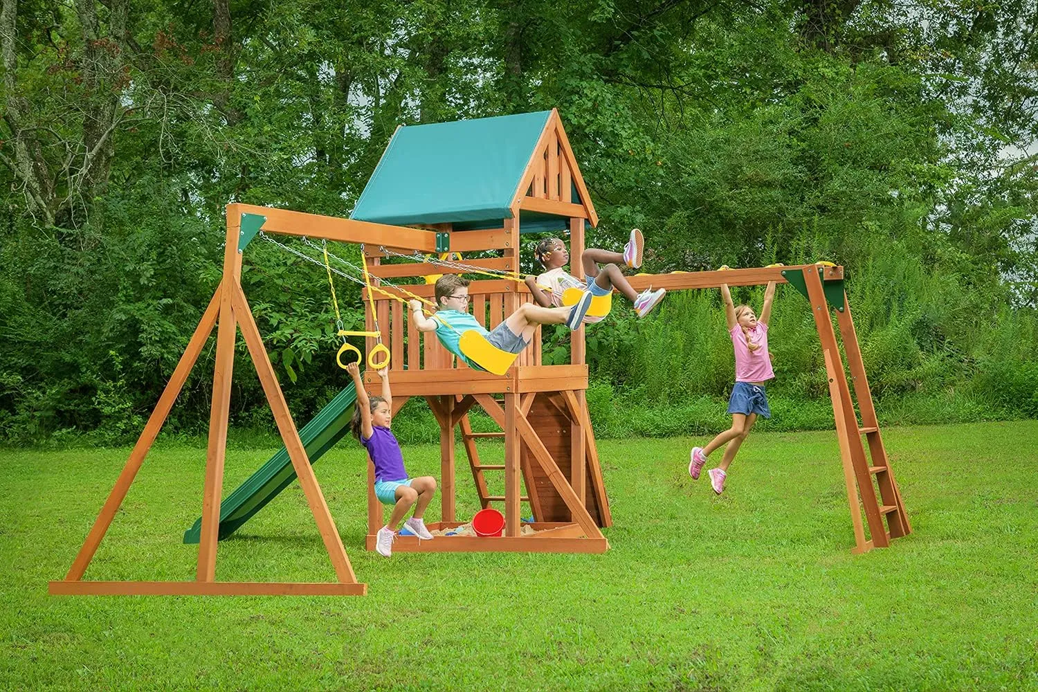 Mountain View Wooden Swingset w/Tarp Roof- Choose Your Accessory & Slide Color (Yellow Accessories & Green Slide)