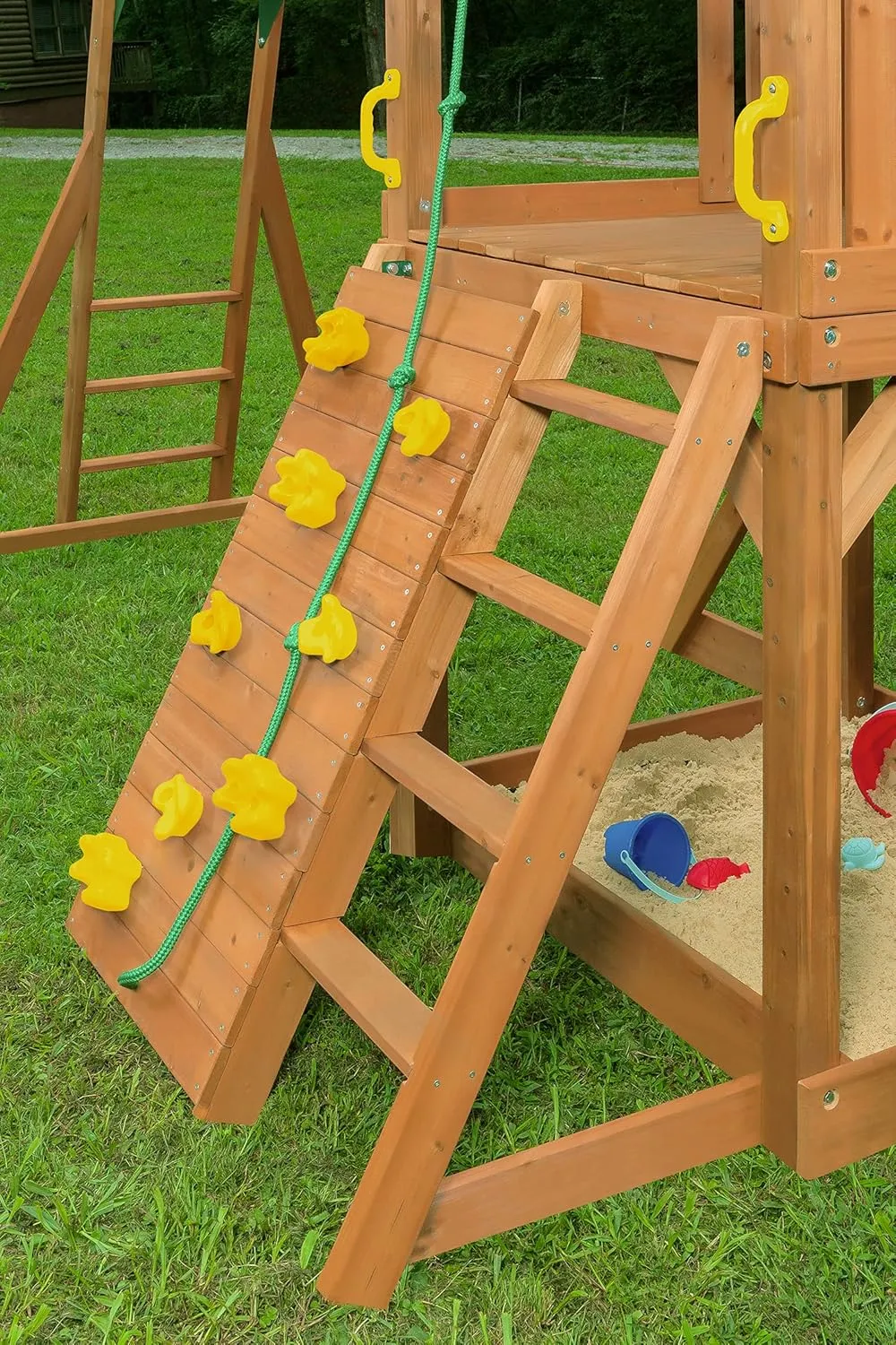Mountain View Wooden Swingset w/Tarp Roof- Choose Your Accessory & Slide Color (Yellow Accessories & Green Slide)