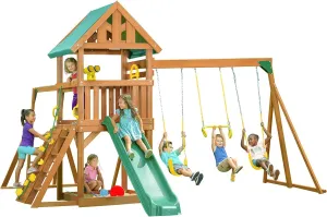 Mountain View Wooden Swingset w/Tarp Roof- Choose Your Accessory & Slide Color (Yellow Accessories & Green Slide)