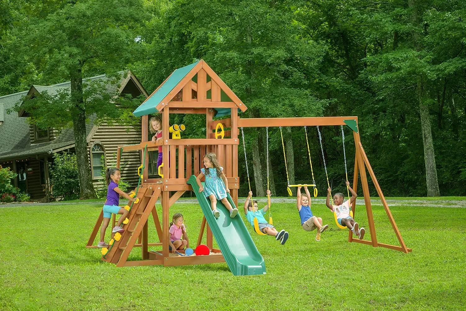 Mountain View Wooden Swingset w/Tarp Roof- Choose Your Accessory & Slide Color (Yellow Accessories & Green Slide)