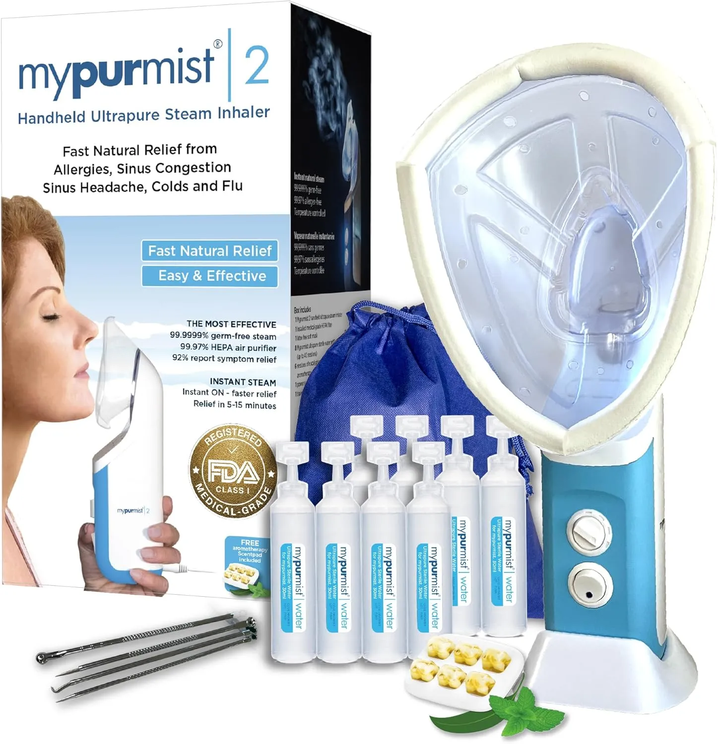 MYPURMIST® Essential Kit PLUS Facial Steam - Steam Inhaler & Facial Steamer Combo, Personal Handheld Ultrapure Steam - Sinus Congestion Cold Cough Relief Vocal Care Skincare (Plug-in) FSA/HSA Eligible