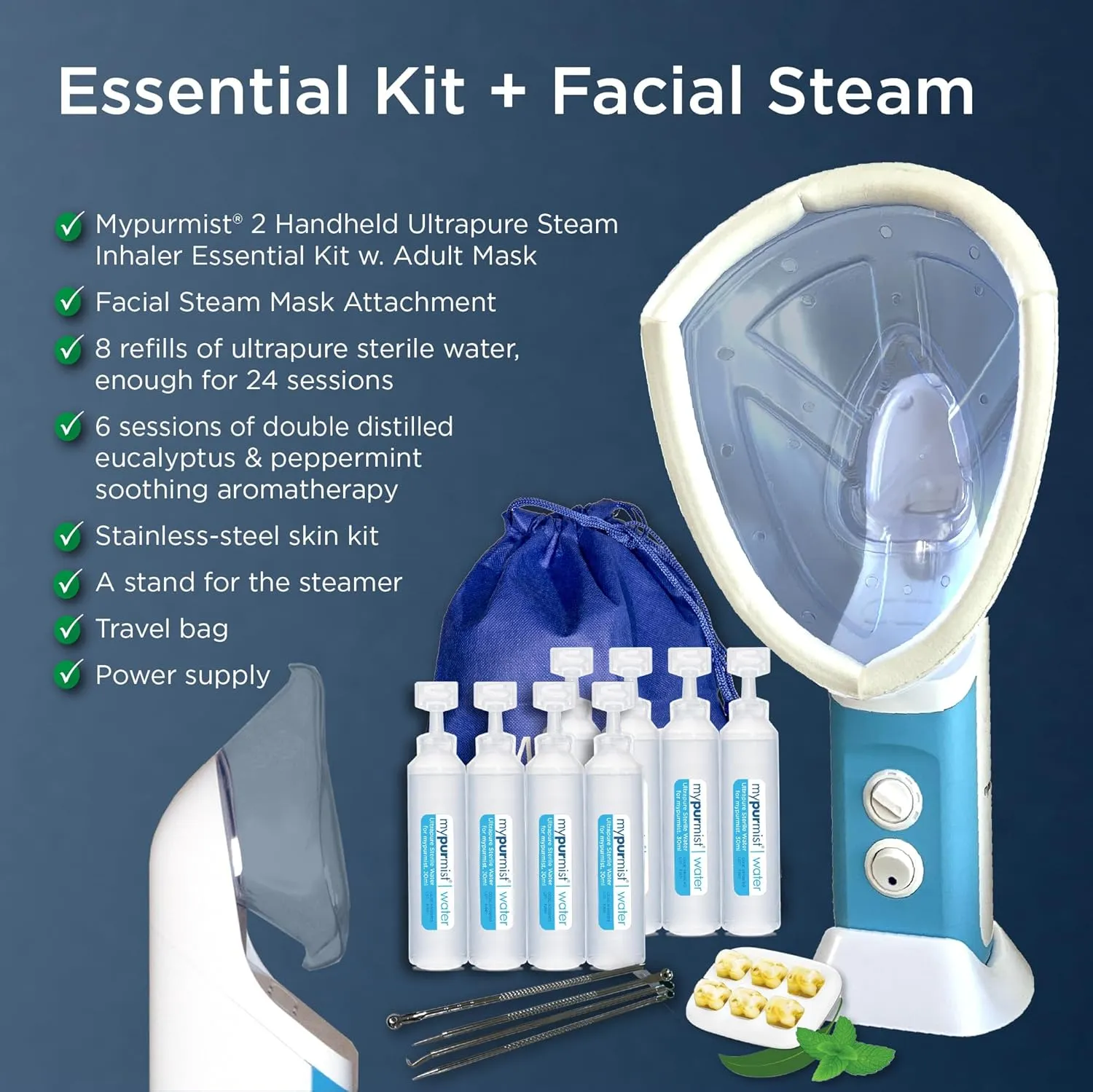 MYPURMIST® Essential Kit PLUS Facial Steam - Steam Inhaler & Facial Steamer Combo, Personal Handheld Ultrapure Steam - Sinus Congestion Cold Cough Relief Vocal Care Skincare (Plug-in) FSA/HSA Eligible