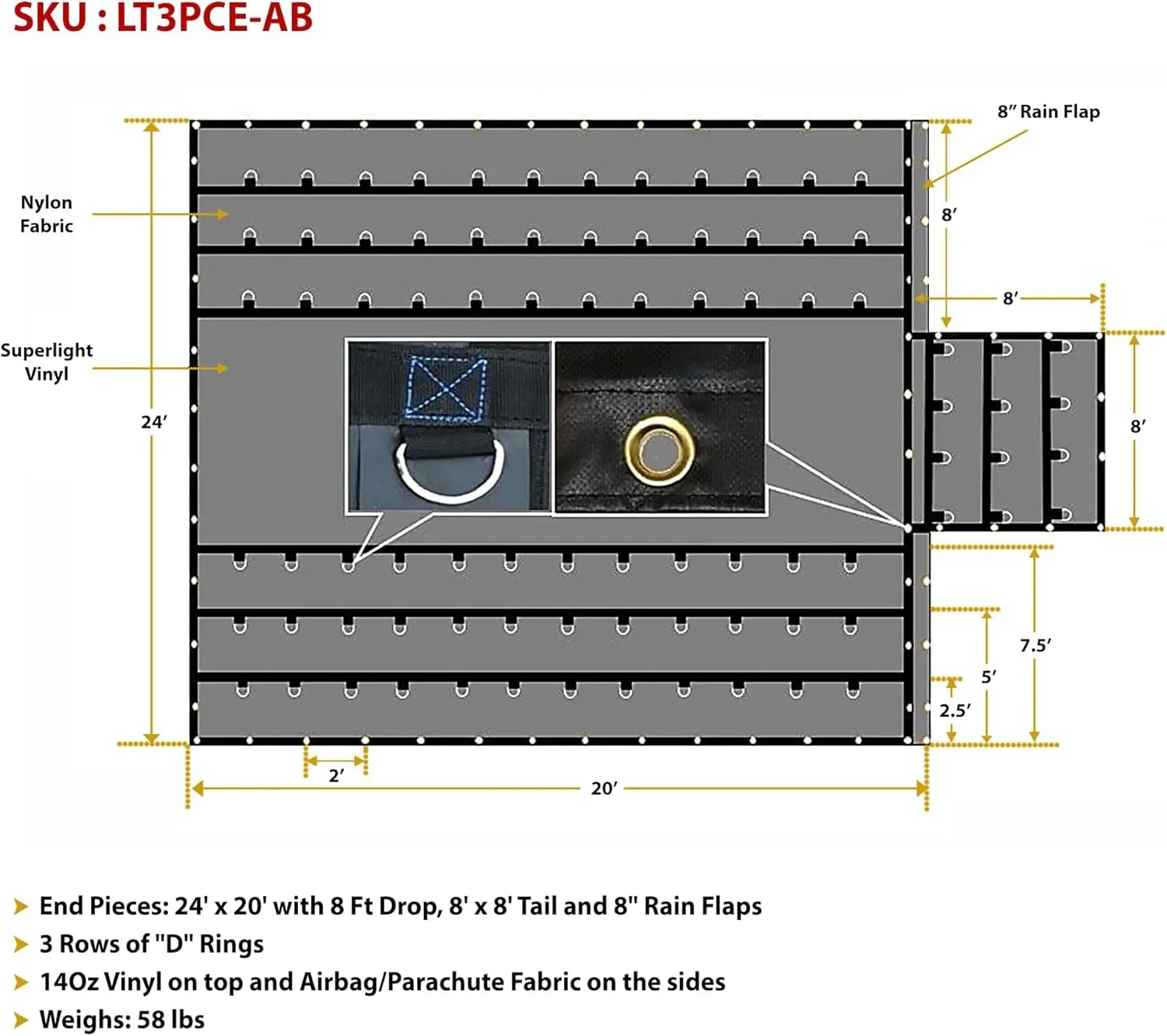 Mytee Products 2 Pack Airbag/Parachute Fabric Heavy Duty 14oz Lumber Tarp 24x20 (8' Drop with 8' x 8' Flap) - Black