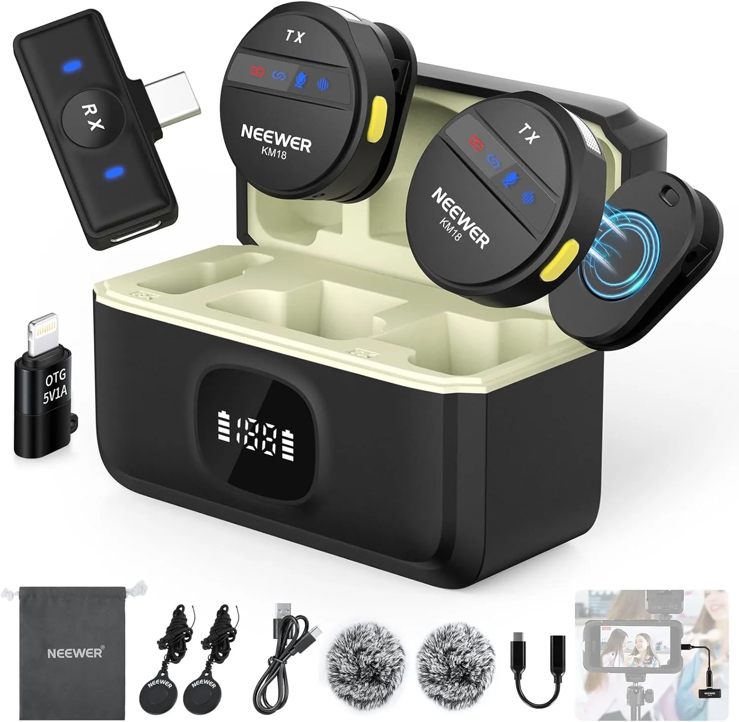 NEEWER Wireless Lavalier Microphone System Compatible with iPhone Android Phone PC Laptop Computer, Noise Cancelling Mini Lapel Mic Set with USB C OTG Charging Case 24H Battery 200m Long Range, KM18