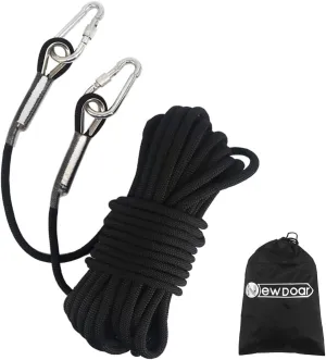 NewDoar Climbing Rope 8(5/16in),10mm (3/8in), High Strength Accessory Cord Rope with 2 Steel Hooks, for Outdoor Rescue Rappelling Rope Down Cliffs ledges Safety Escape Tow Strap Equipment(Black)