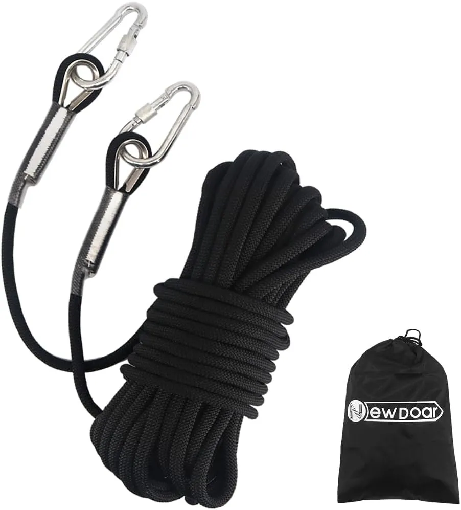 NewDoar Climbing Rope 8(5/16in),10mm (3/8in), High Strength Accessory Cord Rope with 2 Steel Hooks, for Outdoor Rescue Rappelling Rope Down Cliffs ledges Safety Escape Tow Strap Equipment(Black)