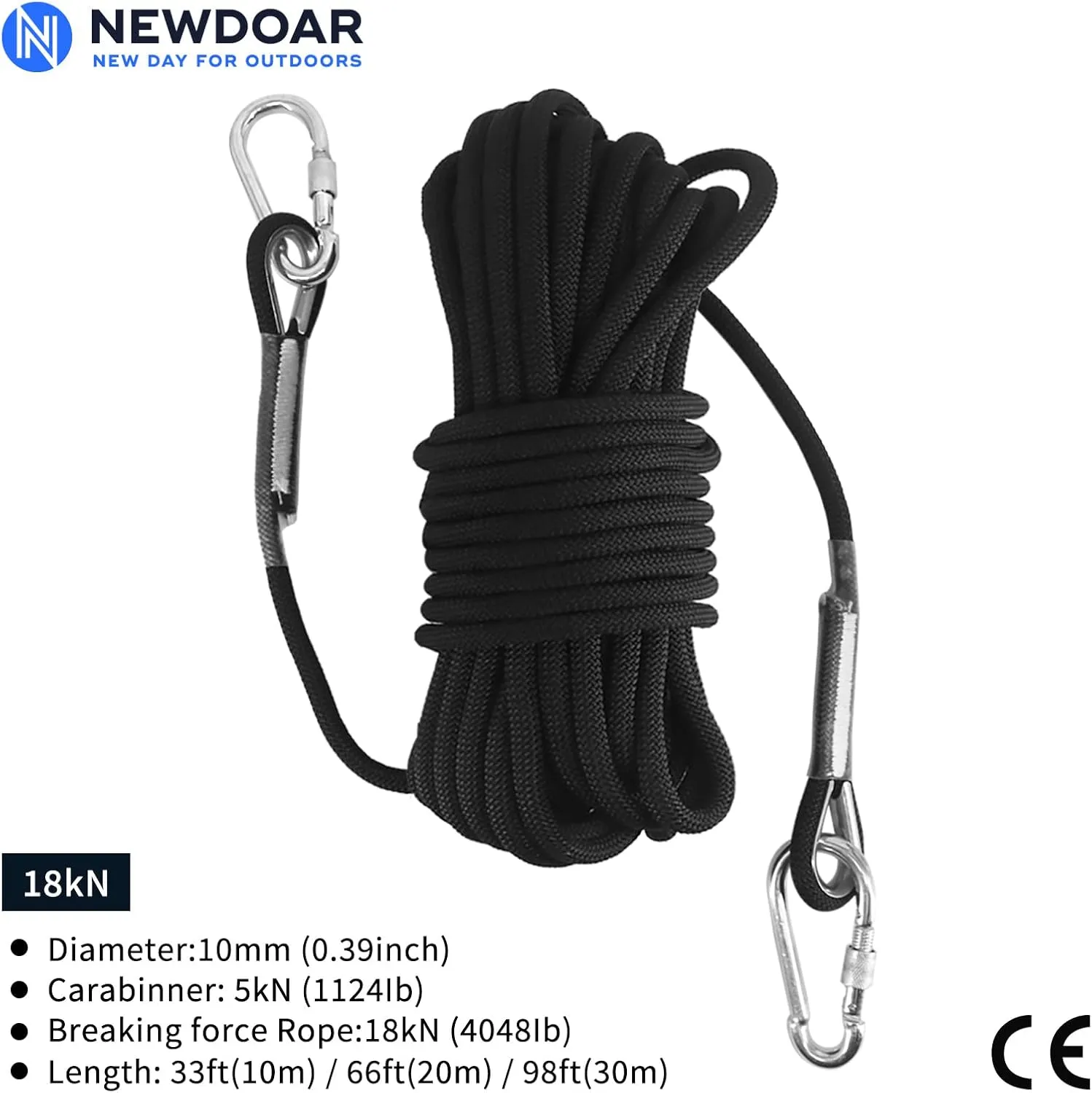 NewDoar Climbing Rope 8(5/16in),10mm (3/8in), High Strength Accessory Cord Rope with 2 Steel Hooks, for Outdoor Rescue Rappelling Rope Down Cliffs ledges Safety Escape Tow Strap Equipment(Black)