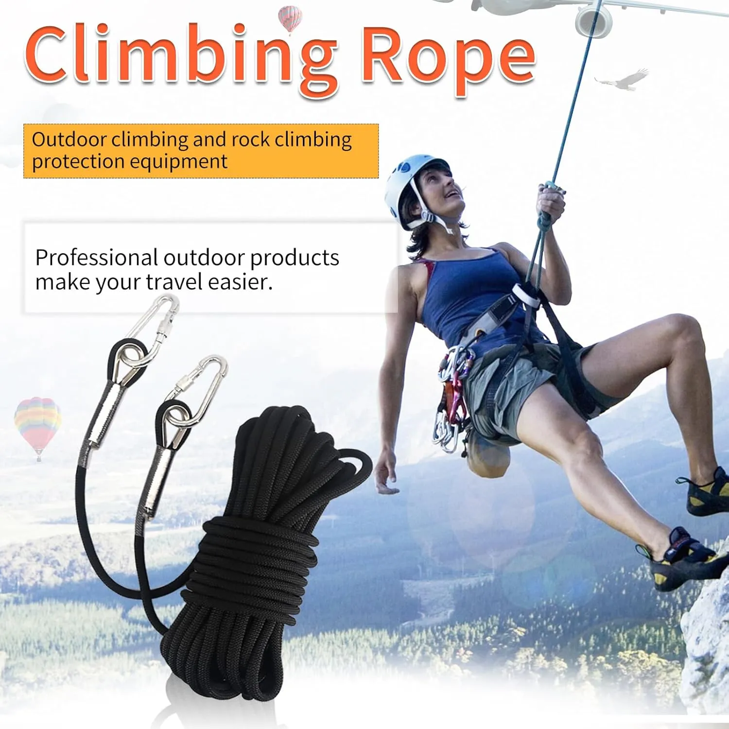 NewDoar Climbing Rope 8(5/16in),10mm (3/8in), High Strength Accessory Cord Rope with 2 Steel Hooks, for Outdoor Rescue Rappelling Rope Down Cliffs ledges Safety Escape Tow Strap Equipment(Black)