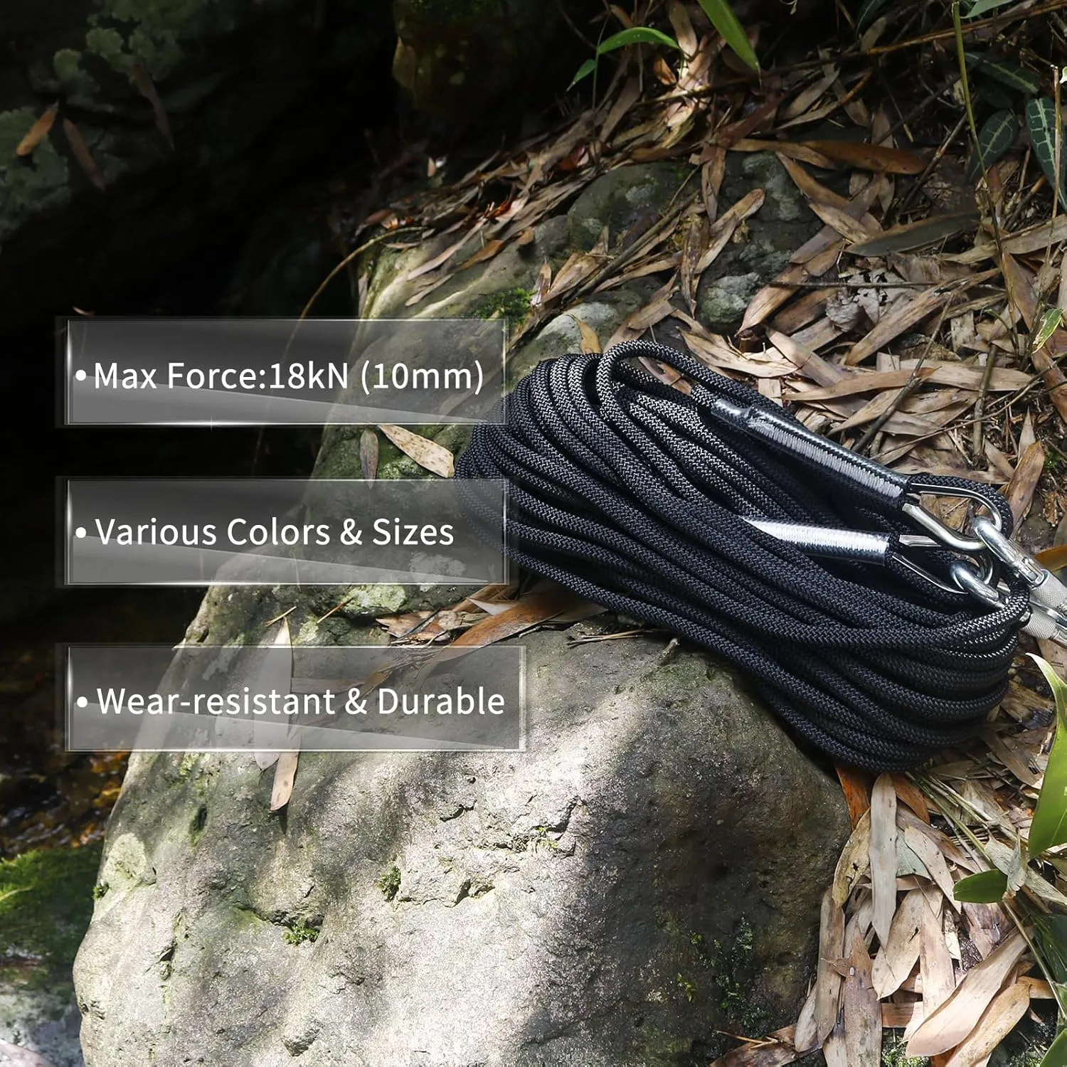 NewDoar Climbing Rope 8(5/16in),10mm (3/8in), High Strength Accessory Cord Rope with 2 Steel Hooks, for Outdoor Rescue Rappelling Rope Down Cliffs ledges Safety Escape Tow Strap Equipment(Black)