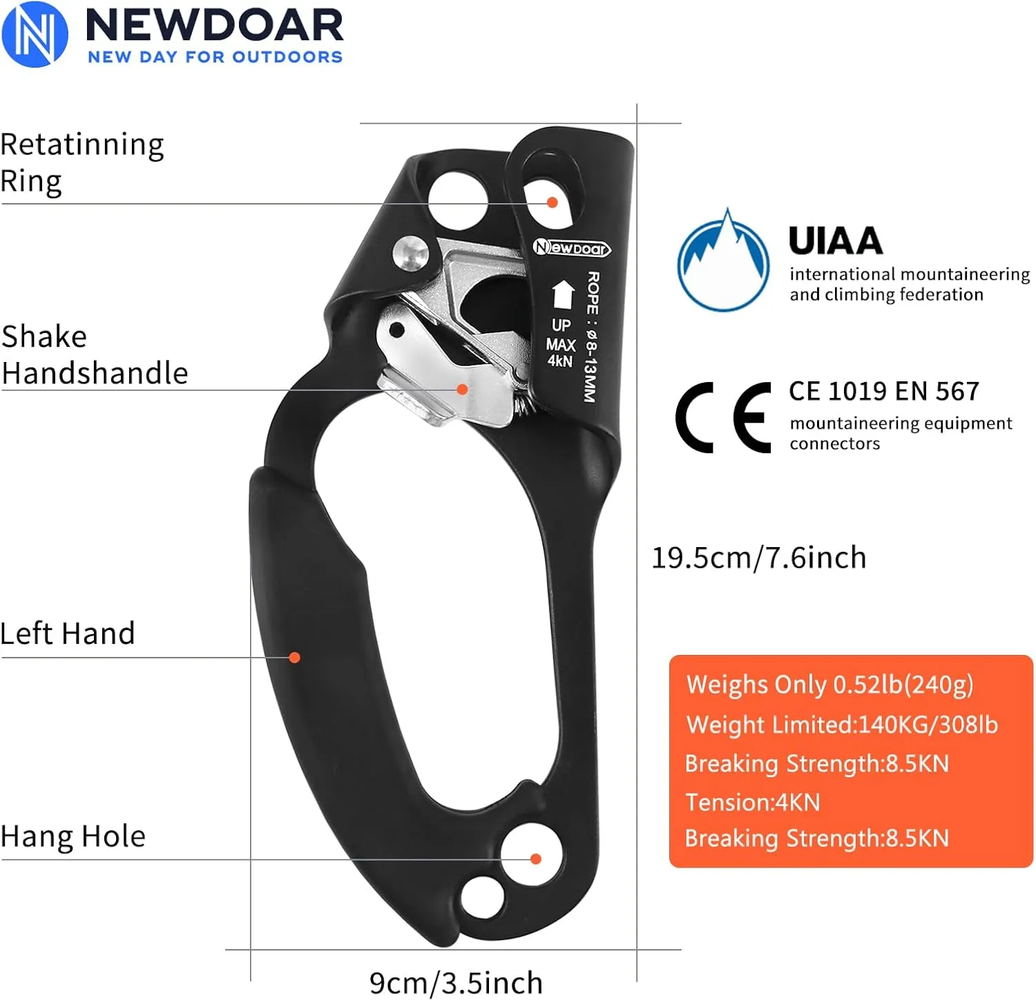 NewDoar UIAA & CE Certified Hand Ascender Rock Climbing Tree Arborist Rappelling Gear Equipment Rope Clamp for 8~13MM Rope