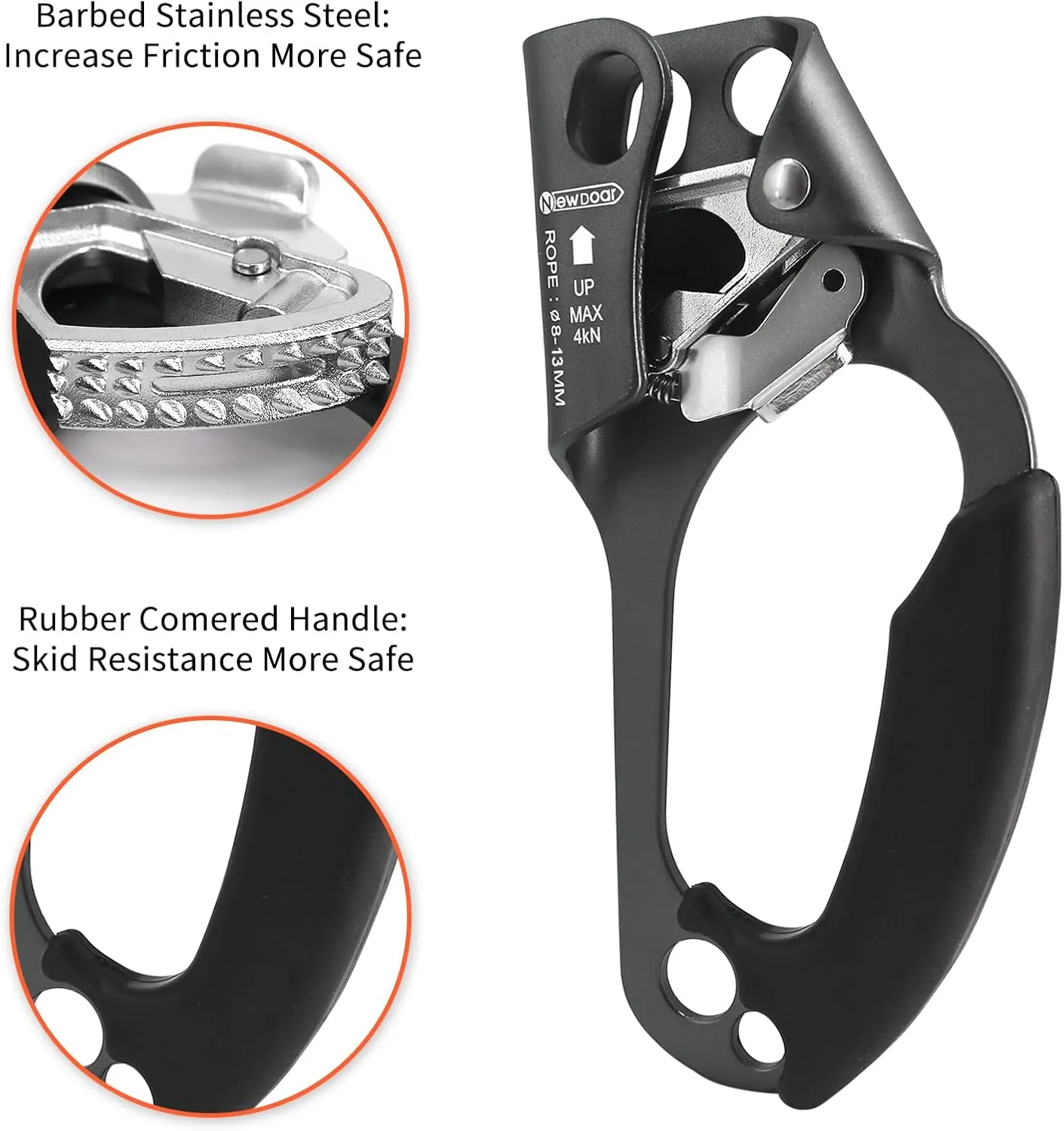 NewDoar UIAA & CE Certified Hand Ascender Rock Climbing Tree Arborist Rappelling Gear Equipment Rope Clamp for 8~13MM Rope
