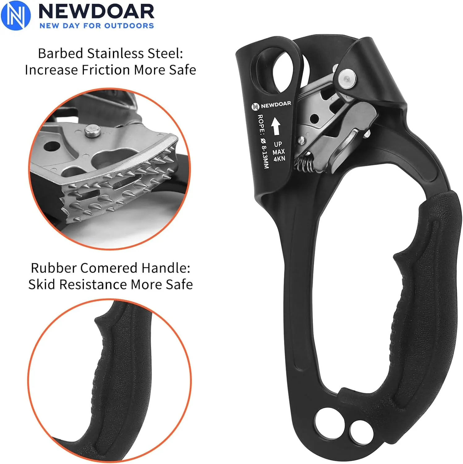 NewDoar UIAA & CE Certified Hand Ascender Rock Climbing Tree Arborist Rappelling Gear Equipment Rope Clamp for 8~13MM Rope