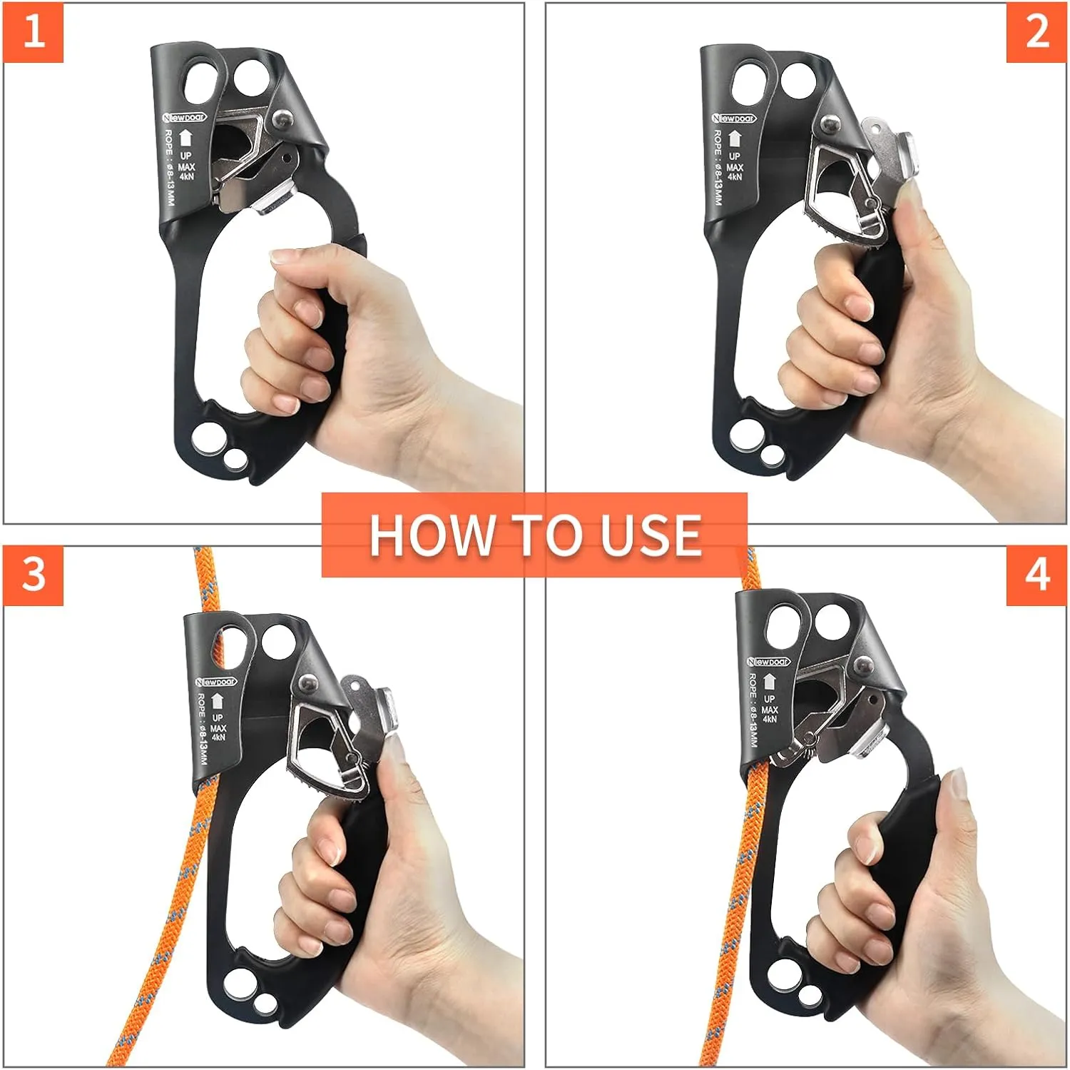 NewDoar UIAA & CE Certified Hand Ascender Rock Climbing Tree Arborist Rappelling Gear Equipment Rope Clamp for 8~13MM Rope