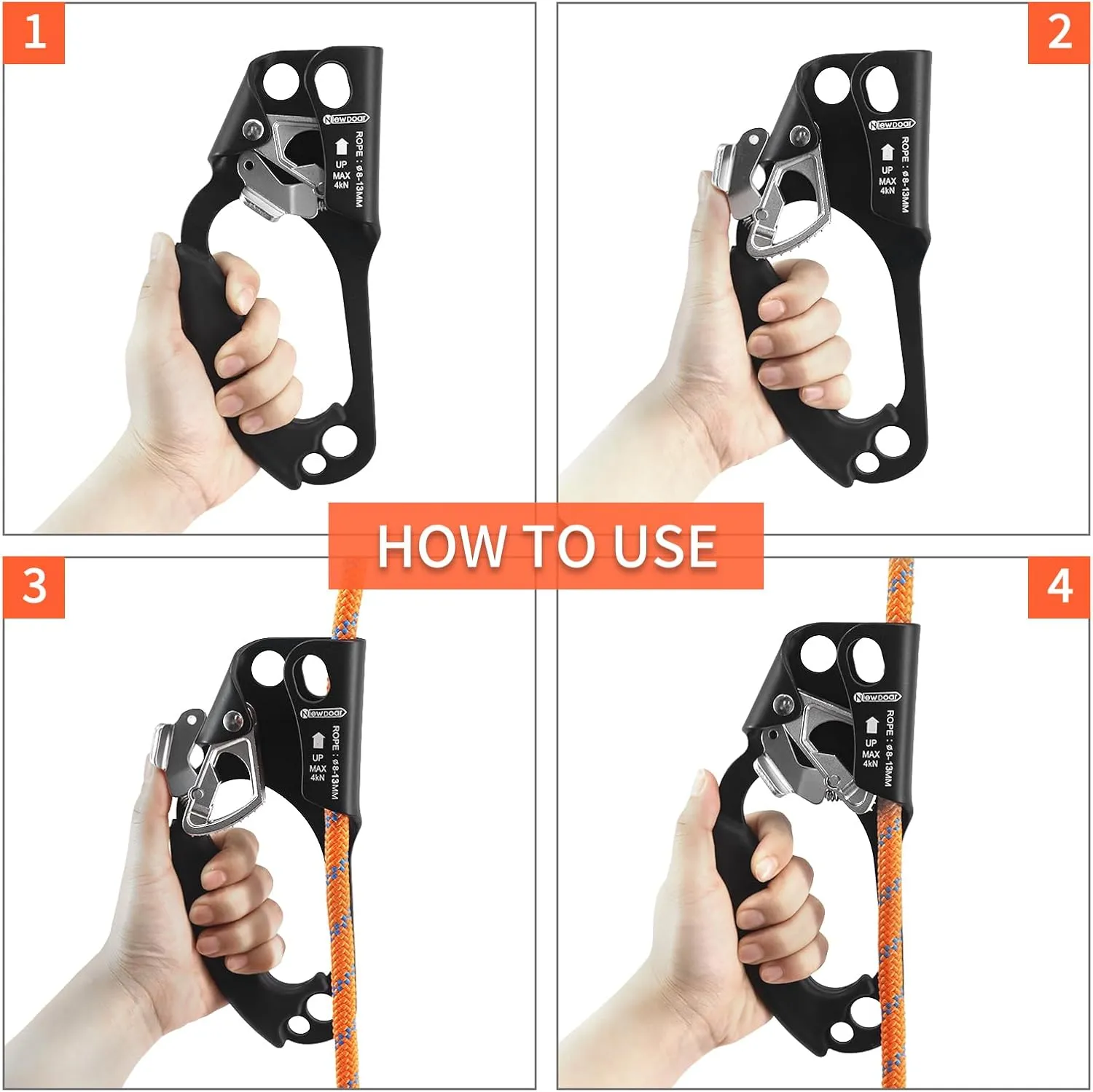 NewDoar UIAA & CE Certified Hand Ascender Rock Climbing Tree Arborist Rappelling Gear Equipment Rope Clamp for 8~13MM Rope