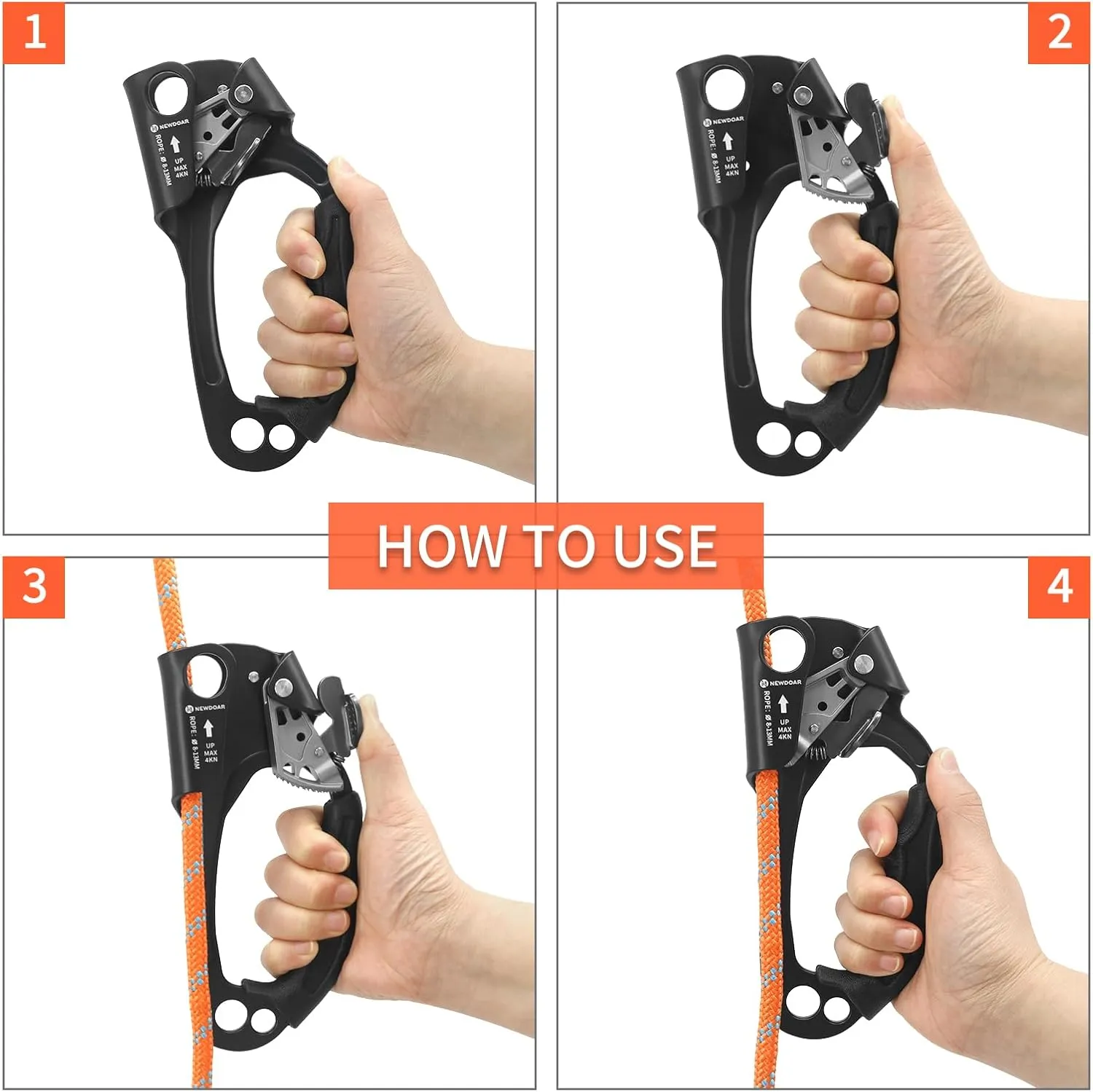 NewDoar UIAA & CE Certified Hand Ascender Rock Climbing Tree Arborist Rappelling Gear Equipment Rope Clamp for 8~13MM Rope