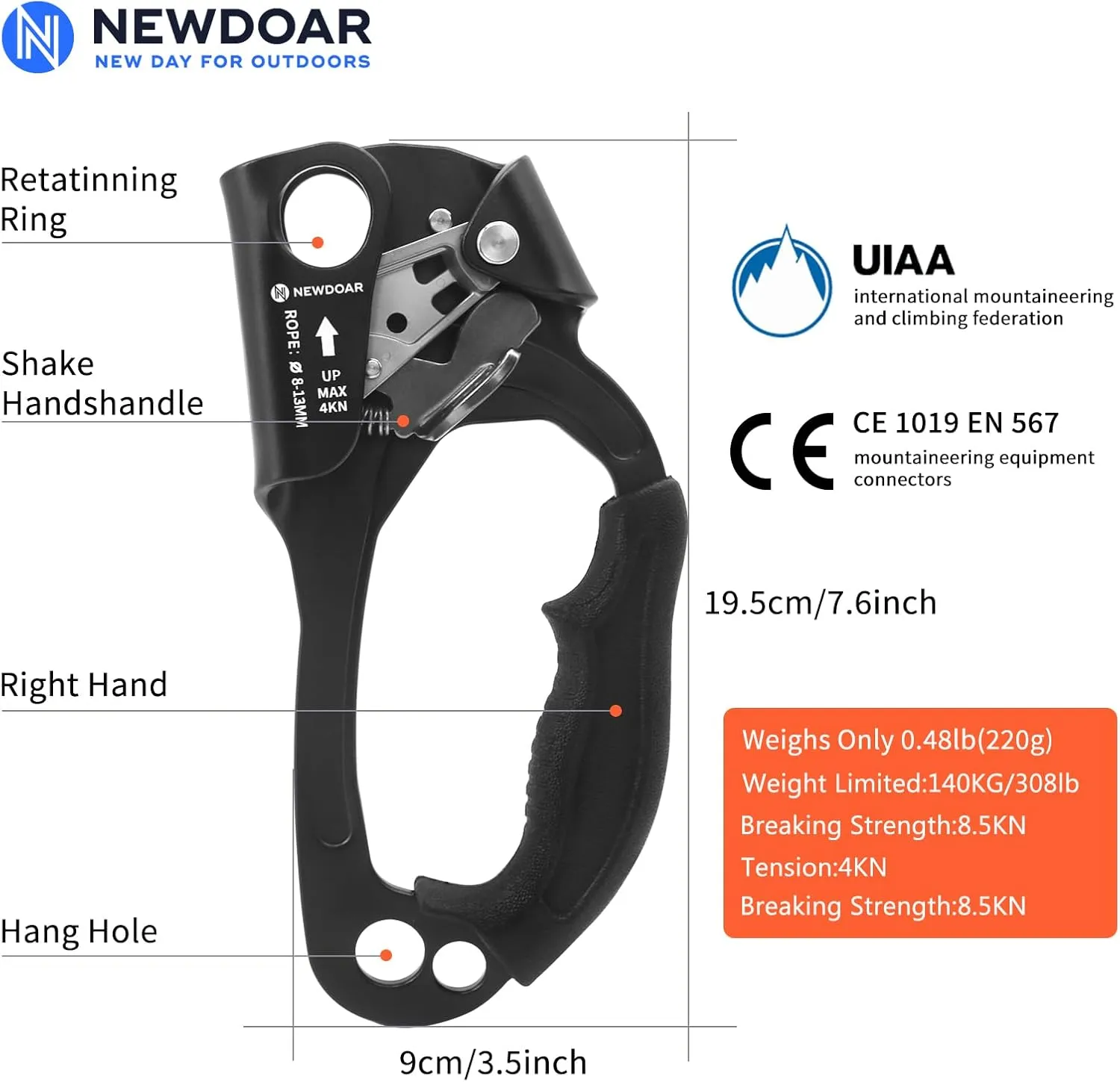 NewDoar UIAA & CE Certified Hand Ascender Rock Climbing Tree Arborist Rappelling Gear Equipment Rope Clamp for 8~13MM Rope