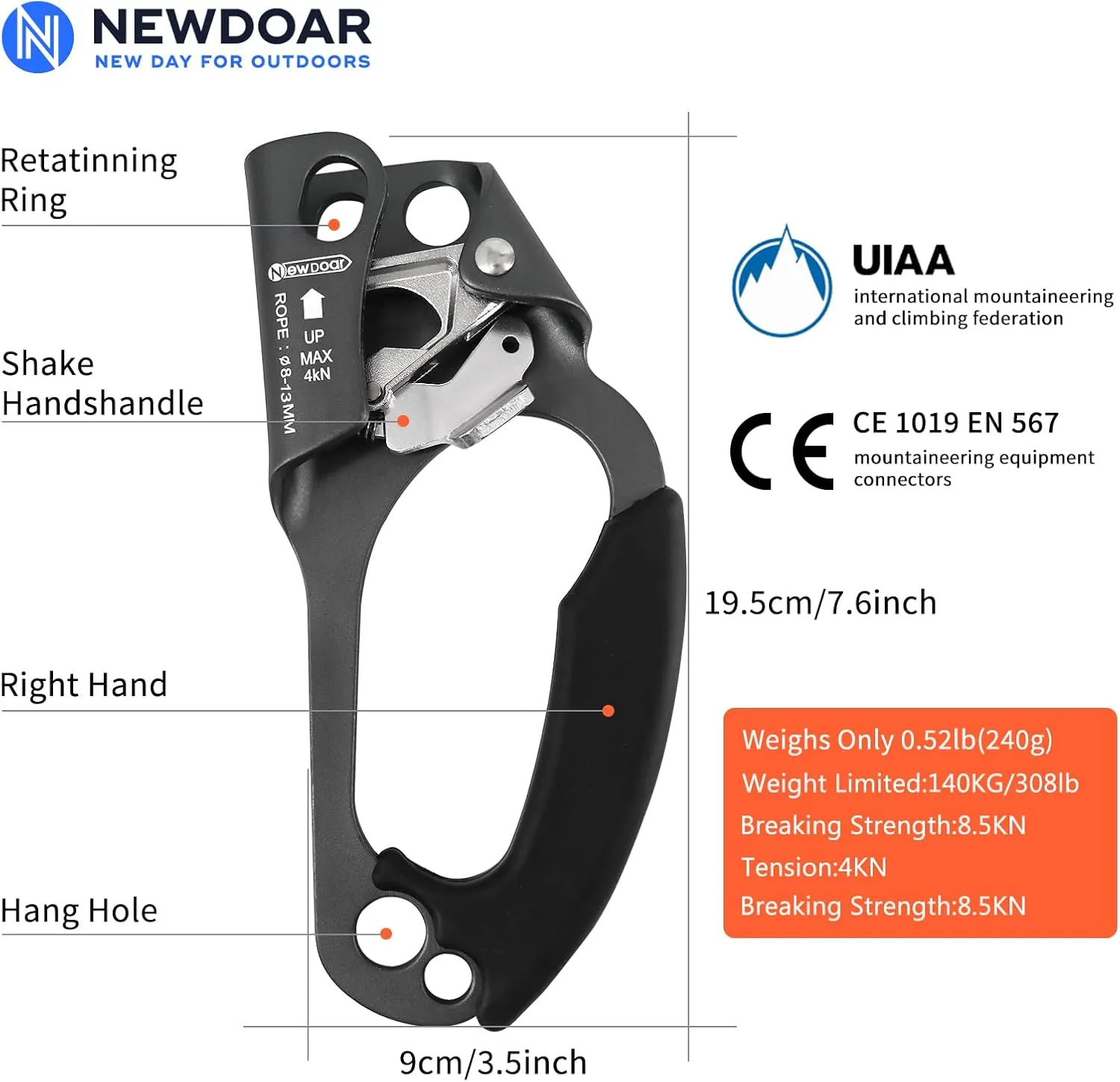 NewDoar UIAA & CE Certified Hand Ascender Rock Climbing Tree Arborist Rappelling Gear Equipment Rope Clamp for 8~13MM Rope