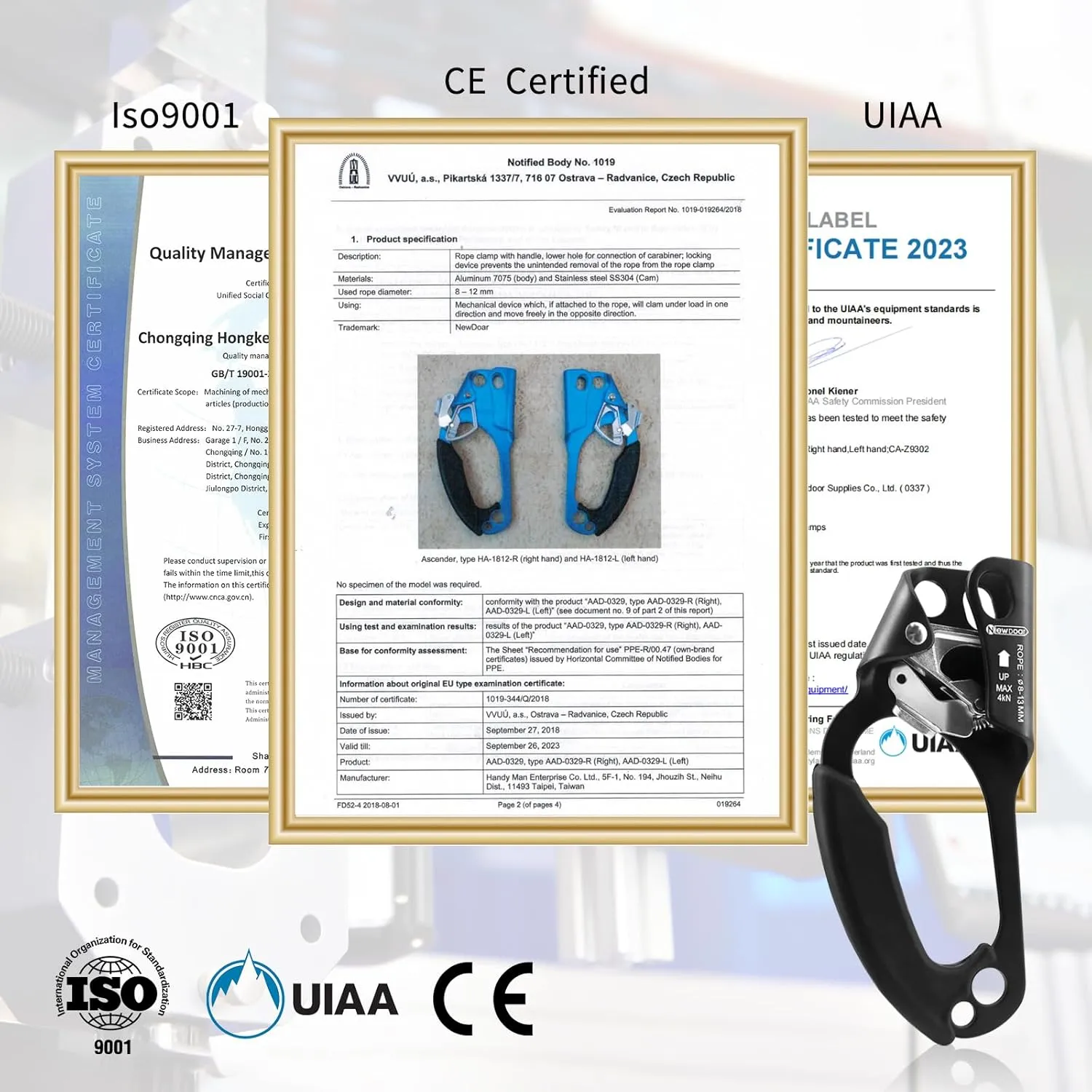 NewDoar UIAA & CE Certified Hand Ascender Rock Climbing Tree Arborist Rappelling Gear Equipment Rope Clamp for 8~13MM Rope