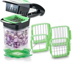 Nicer Dicer Quick Chopper for Fruit and Vegetables, 5 in 1 Multi Cutter with Interchangeable Blade Inserts, 30 Cubes or 10 Slices with One Click (Green), Stainless Steel, 8 x 12 x 21 (A34098)