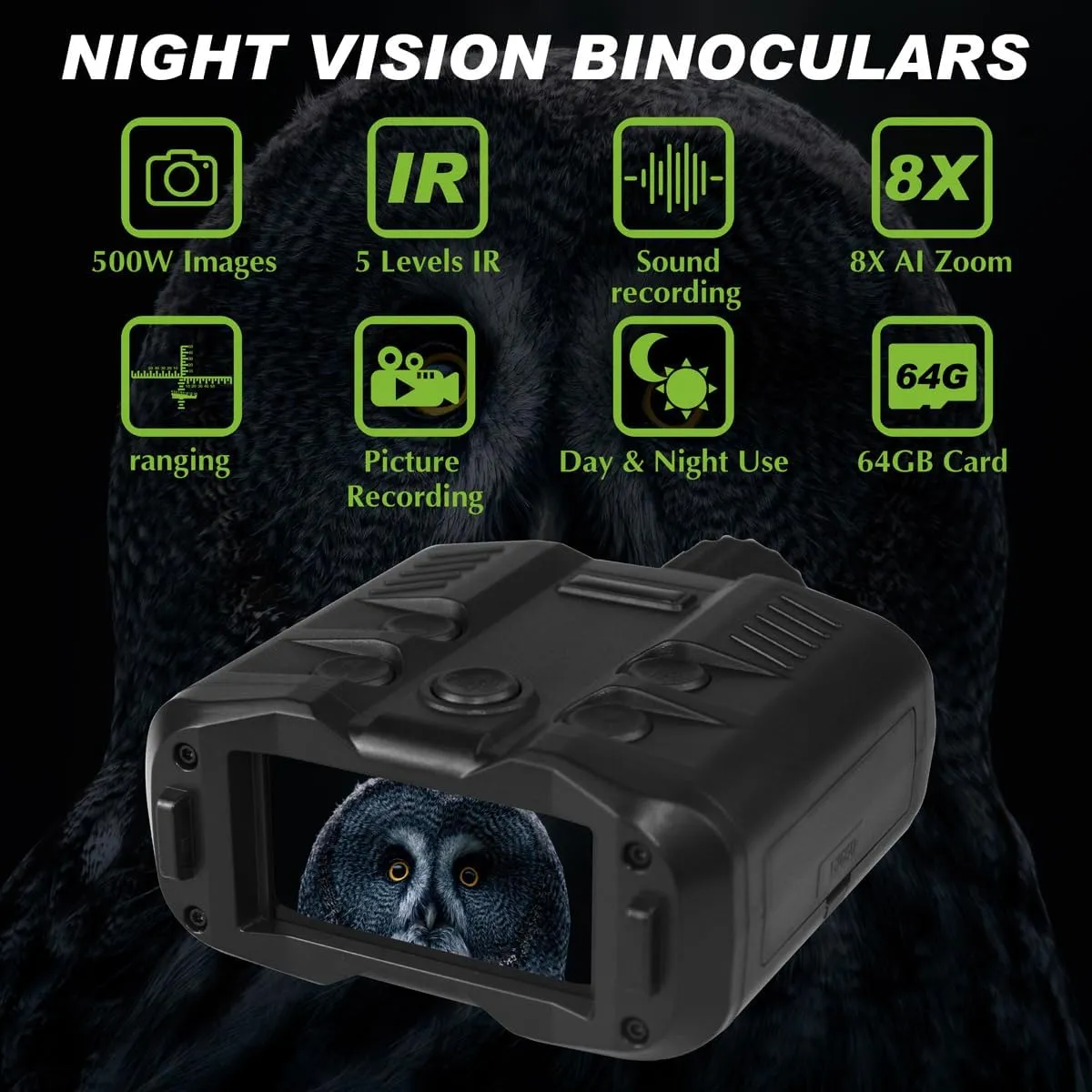 Night Vision Goggles - HD Upgraded 5level IR night vision binoculars - 8X AI Zoom, Rechargeable night vision device with Camera Built in,Save Photos and Videos, for Hunting ranging Camping(NV900)