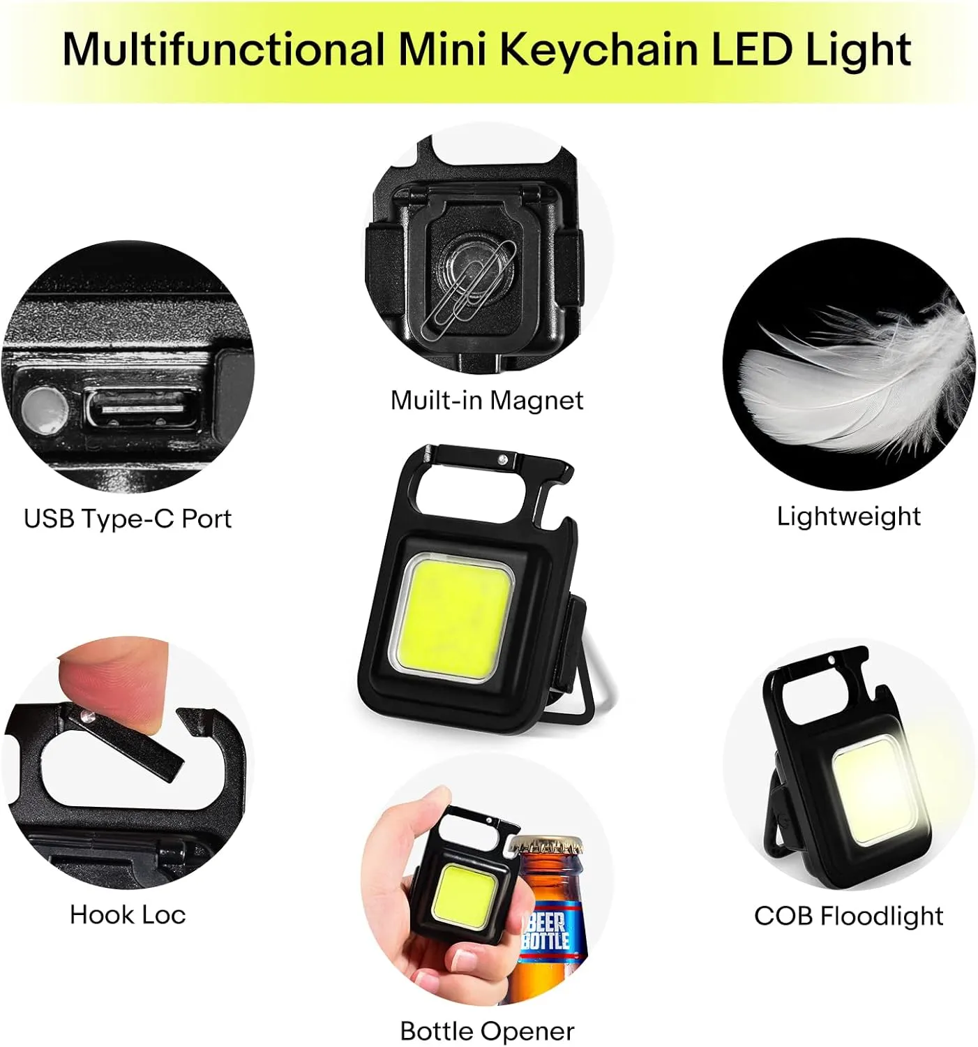 NineLeaf Portable Flashlight Keychain,COB Keychain Work Light,1000 Lumen Emergency Light Flashlights 4 Light Modes,with Folding Bracket Bottle Opener and Magnet Base,Walkig Dog,Camping and Hiking