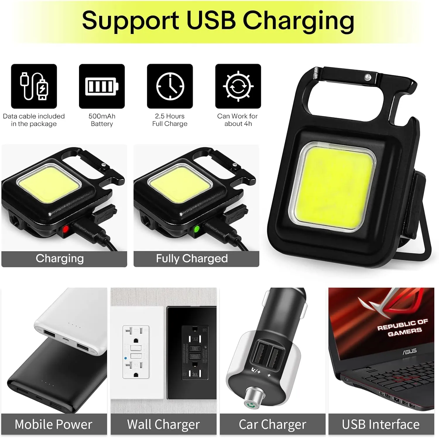 NineLeaf Portable Flashlight Keychain,COB Keychain Work Light,1000 Lumen Emergency Light Flashlights 4 Light Modes,with Folding Bracket Bottle Opener and Magnet Base,Walkig Dog,Camping and Hiking