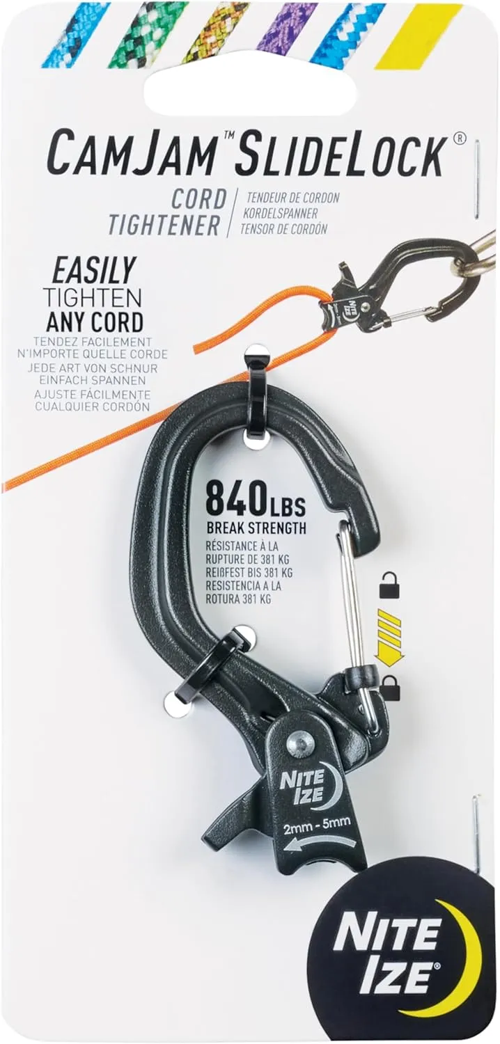 Nite Ize CamJam SlideLock Cord Tightener - Features Pull-to-Tighten Lock & Quick-Release Lever - 280 lb Working Load Limit & 840 lb Break Strength - Fits Cord Sizes 2–5mm - Small
