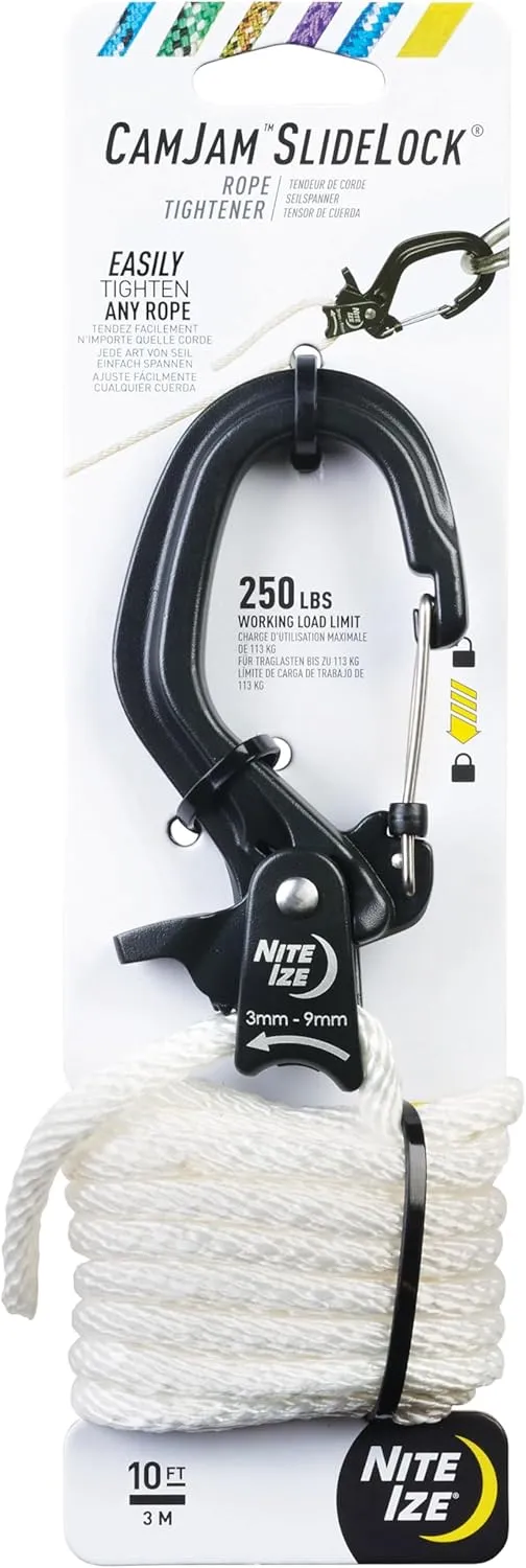 Nite Ize CamJam SlideLock Rope Tightener & 10 ft Nylon Rope - Features Pull-to-Tighten Lock & Quick-Release Lever - 250 lb Working Load Limit - Fits Rope Sizes 3–6mm - Large